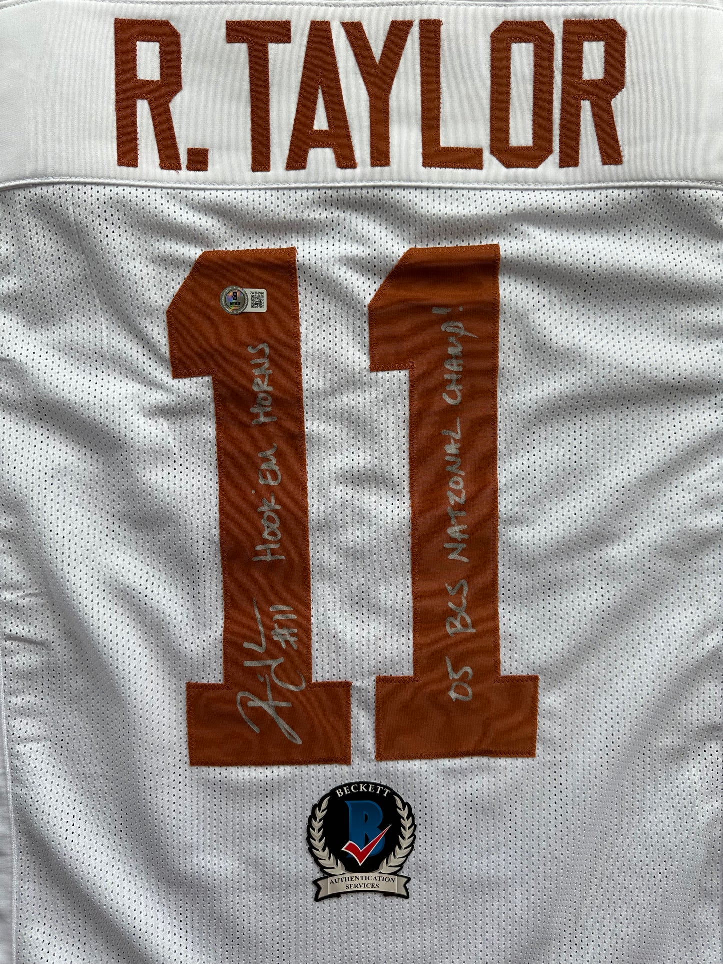 RAMONCE TAYLOR WHITE FOOTBALL JERSEY Longhorns w/ "05 BCS National Champ" BAS
