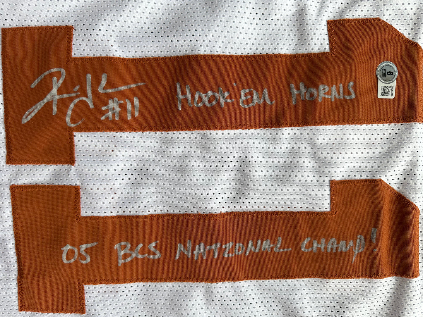 RAMONCE TAYLOR WHITE FOOTBALL JERSEY Longhorns w/ "05 BCS National Champ" BAS