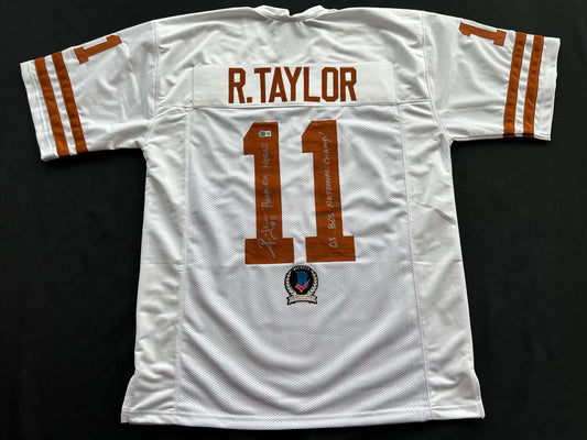 RAMONCE TAYLOR WHITE FOOTBALL JERSEY Longhorns w/ "05 BCS National Champ" BAS