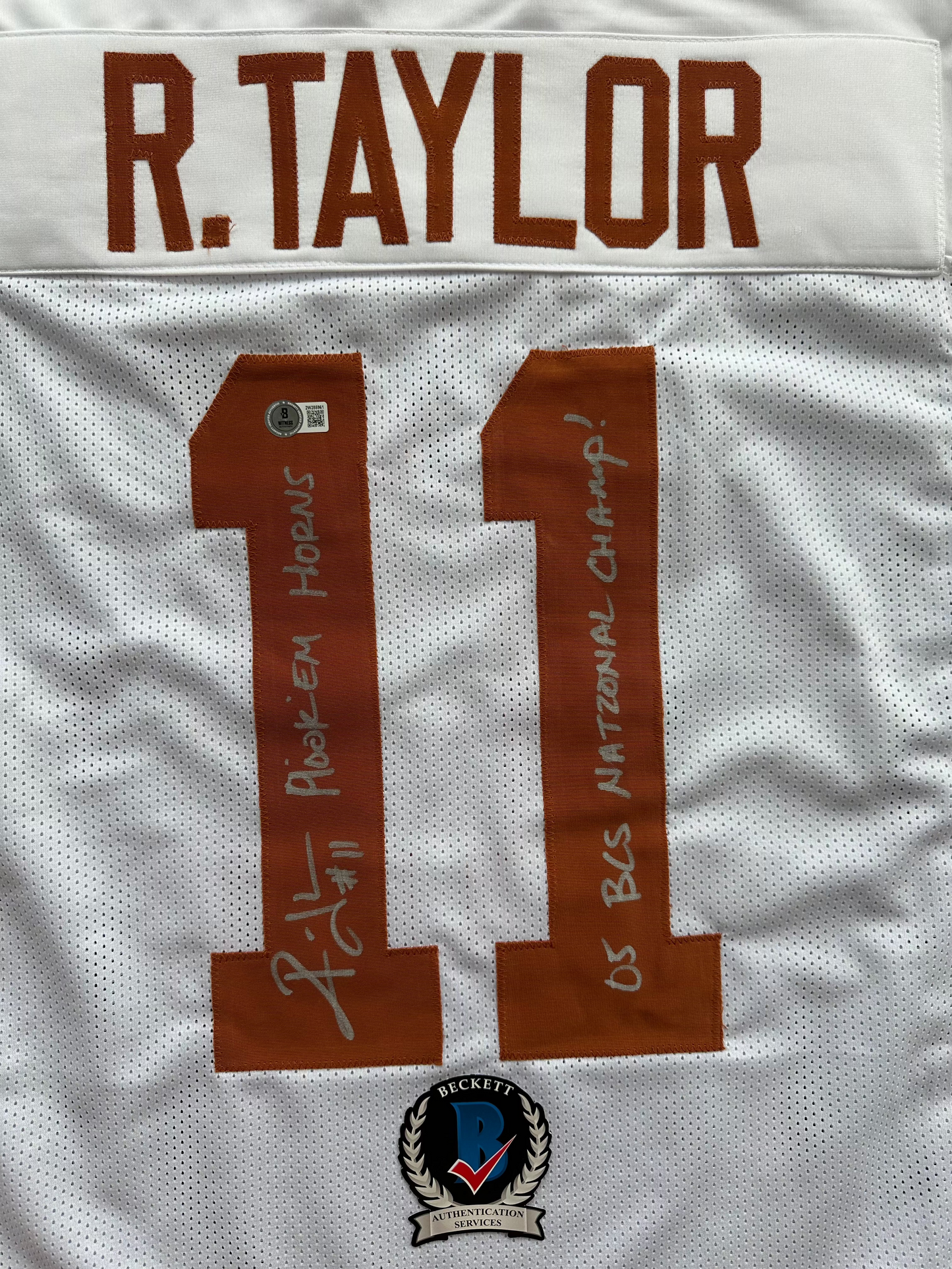RAMONCE TAYLOR WHITE FOOTBALL JERSEY Longhorns w/ "05 BCS National Champ" BAS