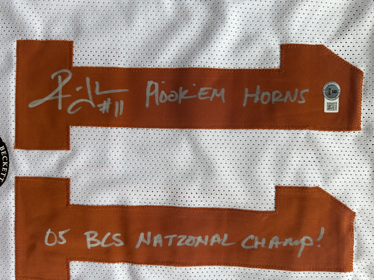 RAMONCE TAYLOR WHITE FOOTBALL JERSEY Longhorns w/ "05 BCS National Champ" BAS