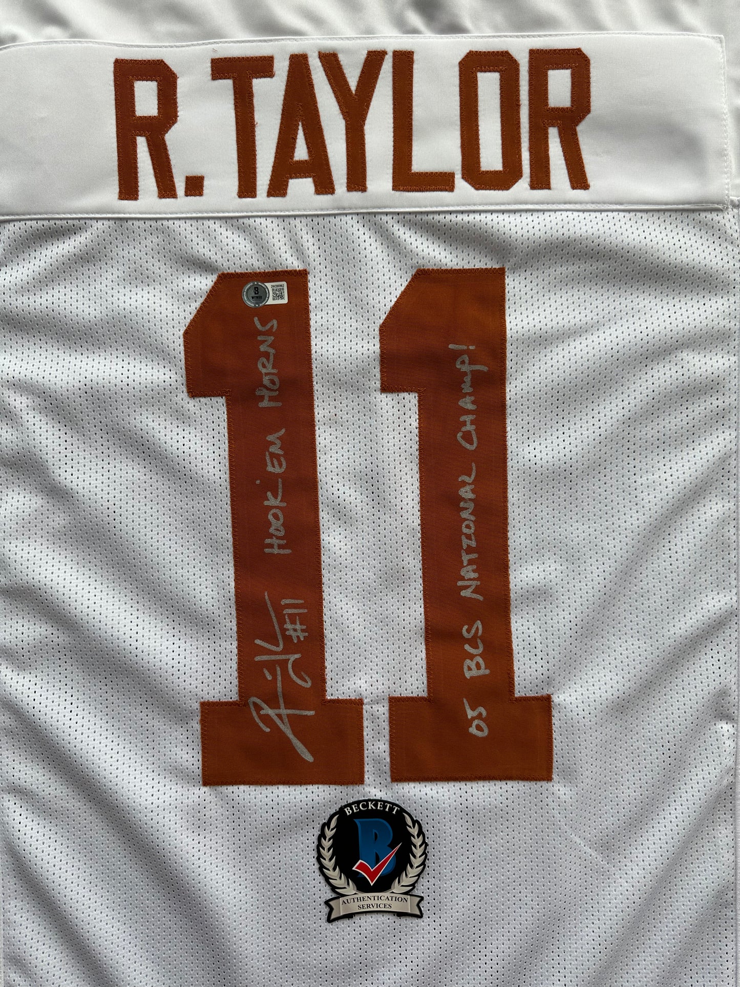 RAMONCE TAYLOR WHITE FOOTBALL JERSEY Longhorns w/ "05 BCS National Champ" BAS