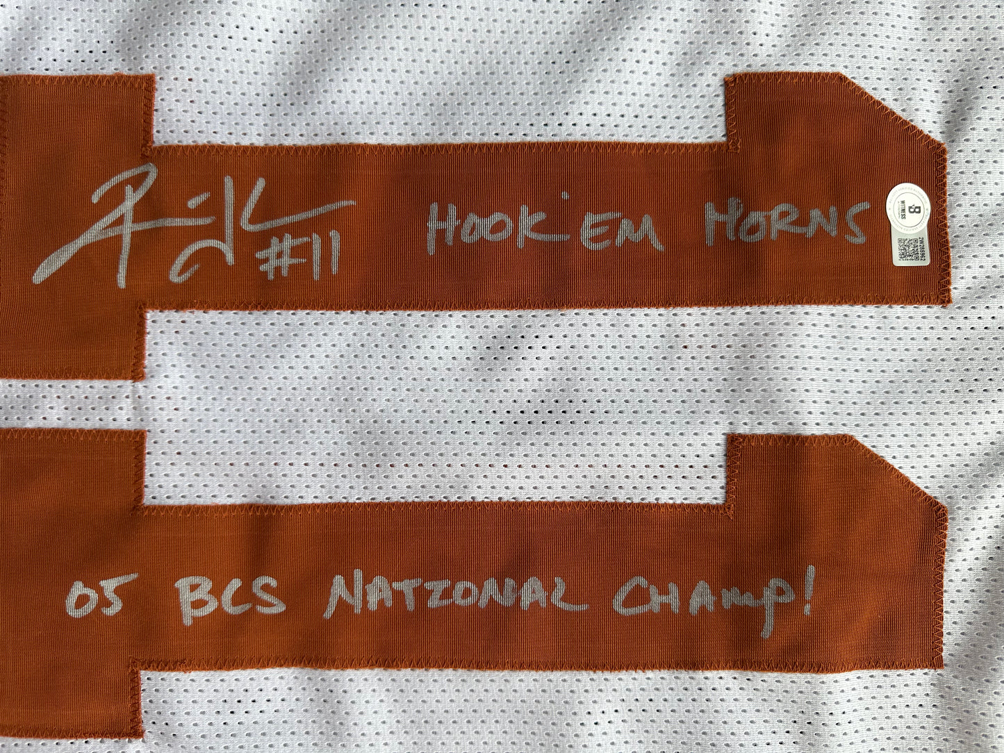 RAMONCE TAYLOR WHITE FOOTBALL JERSEY Longhorns w/ "05 BCS National Champ" BAS