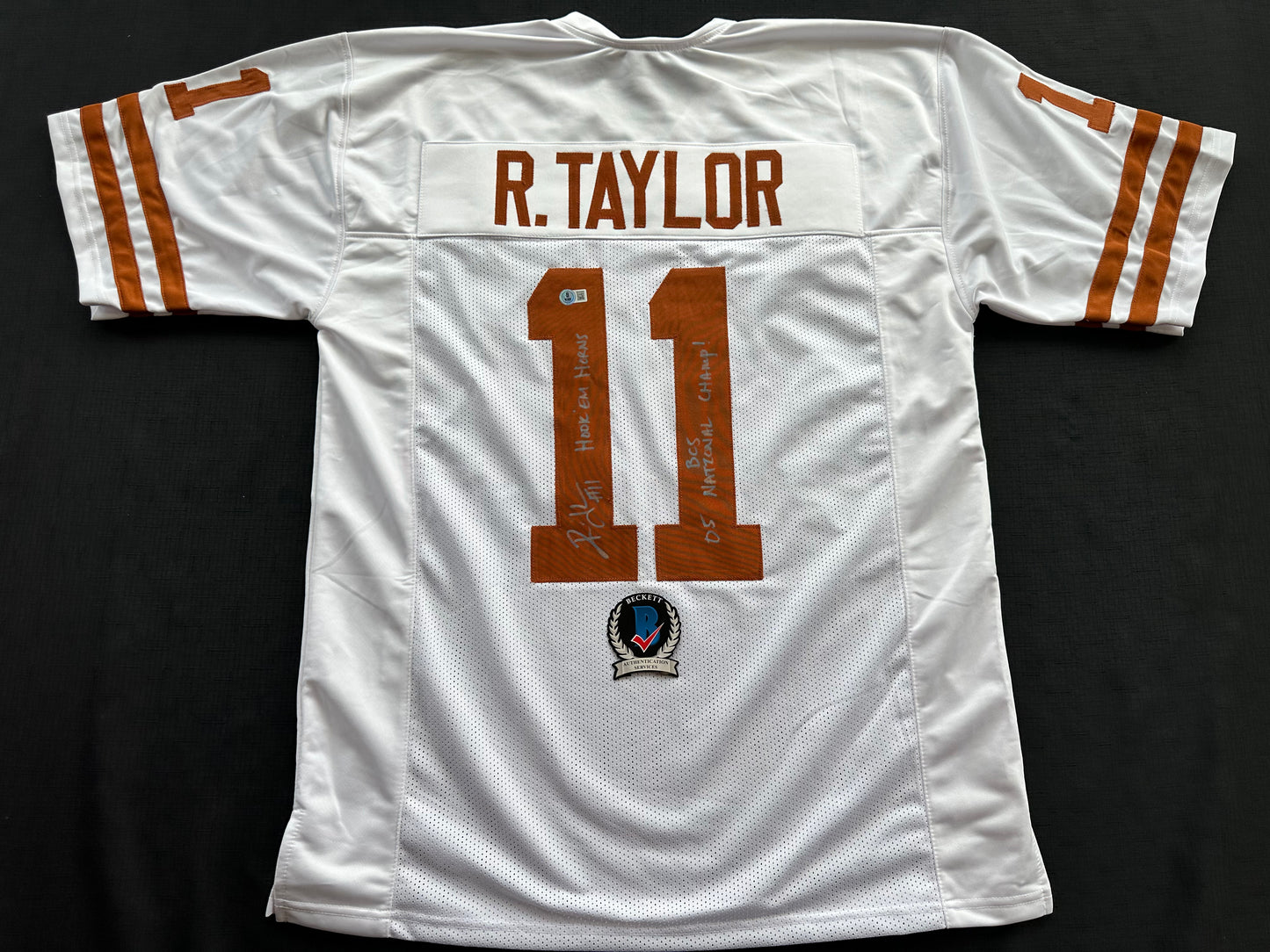 RAMONCE TAYLOR WHITE FOOTBALL JERSEY Longhorns w/ "05 BCS National Champ" BAS