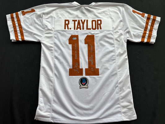 RAMONCE TAYLOR WHITE FOOTBALL JERSEY Longhorns w/ "05 BCS National Champ" BAS