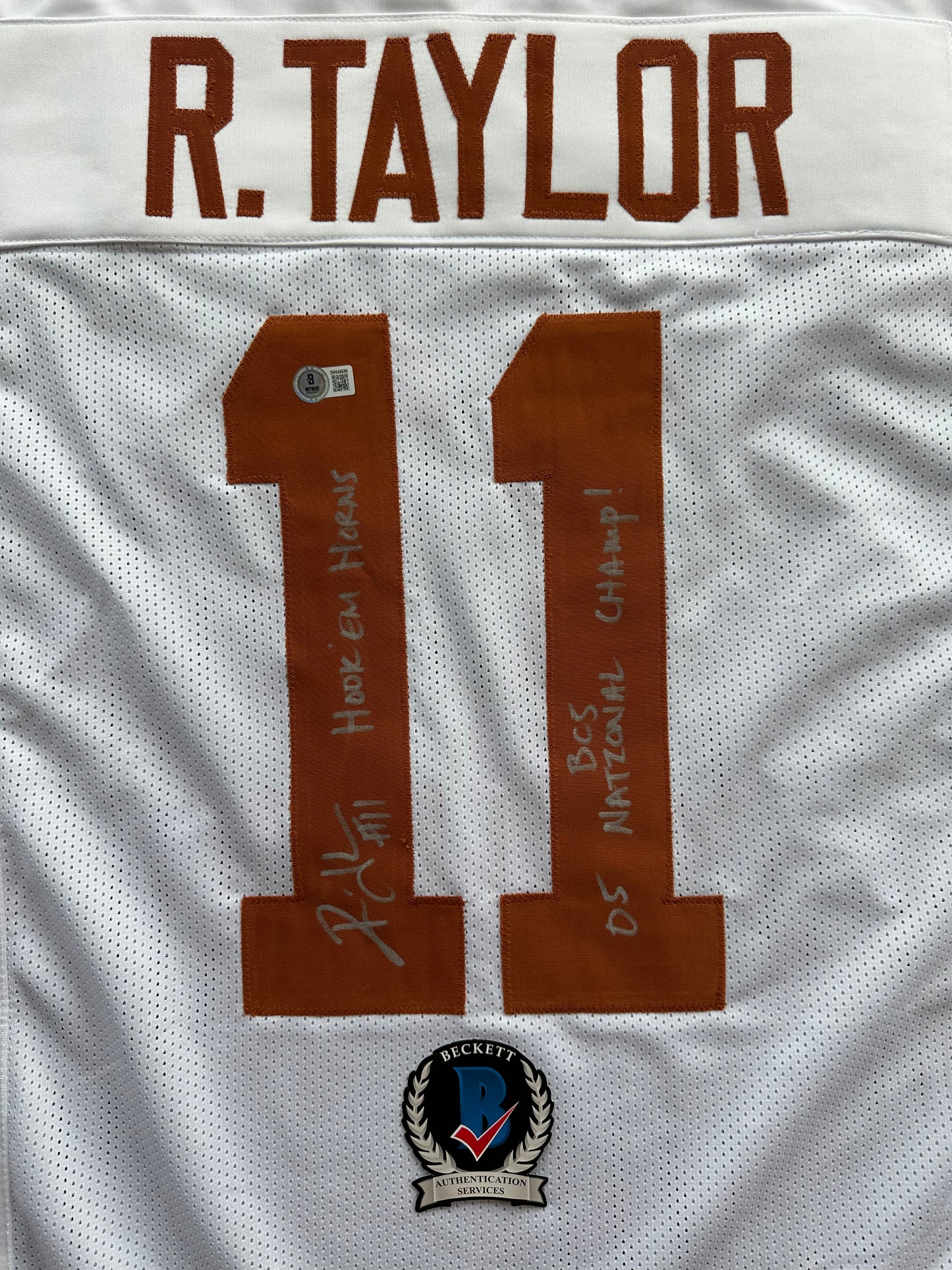 RAMONCE TAYLOR WHITE FOOTBALL JERSEY Longhorns w/ "05 BCS National Champ" BAS