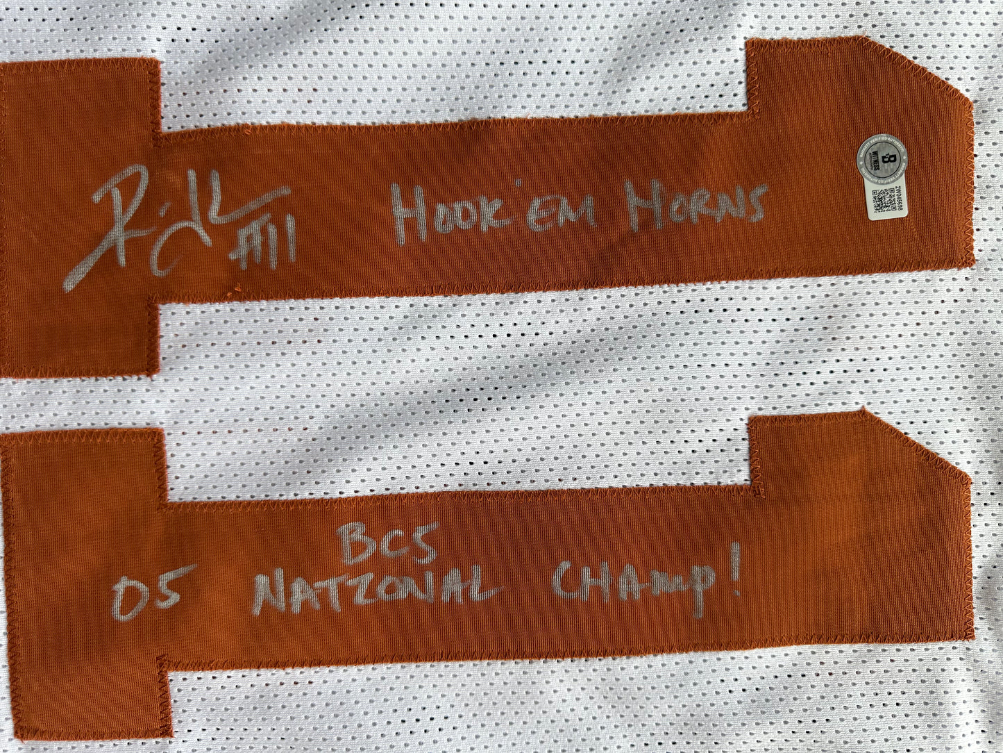 RAMONCE TAYLOR WHITE FOOTBALL JERSEY Longhorns w/ "05 BCS National Champ" BAS