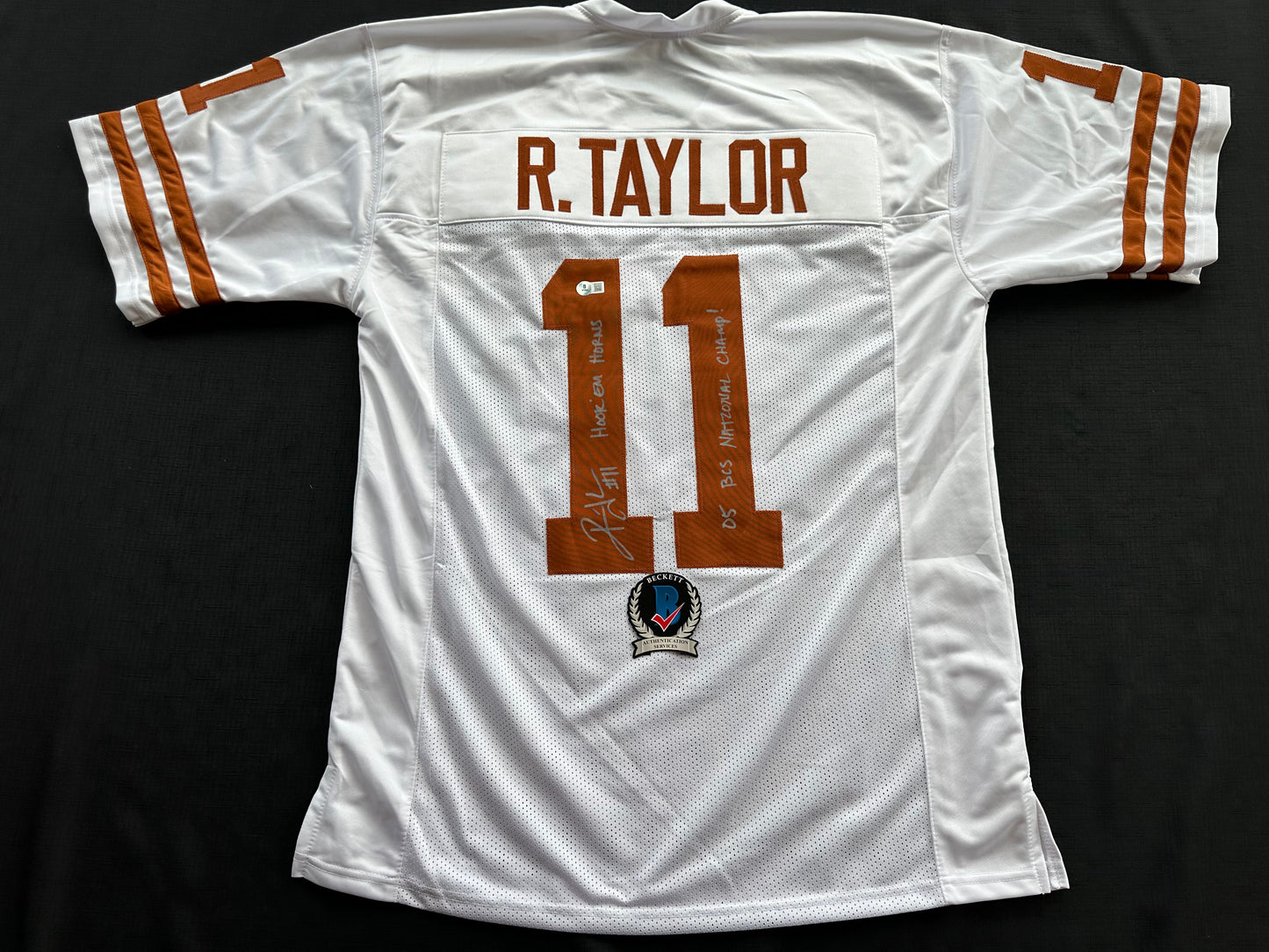 RAMONCE TAYLOR WHITE FOOTBALL JERSEY Longhorns w/ "05 BCS National Champ" BAS