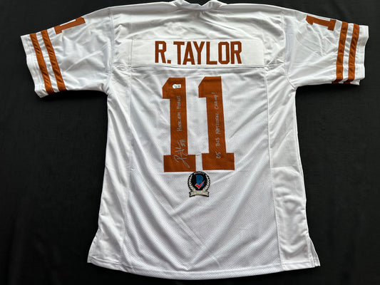 RAMONCE TAYLOR WHITE FOOTBALL JERSEY Longhorns w/ "05 BCS National Champ" BAS