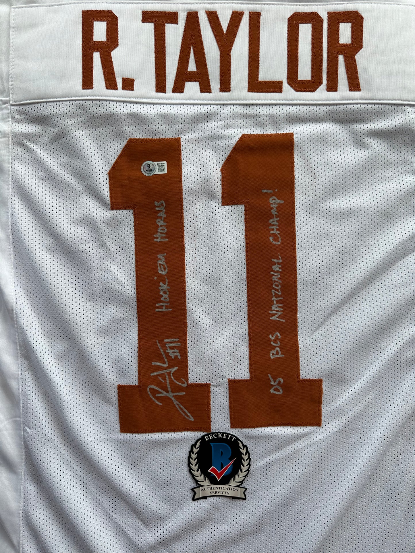 RAMONCE TAYLOR WHITE FOOTBALL JERSEY Longhorns w/ "05 BCS National Champ" BAS