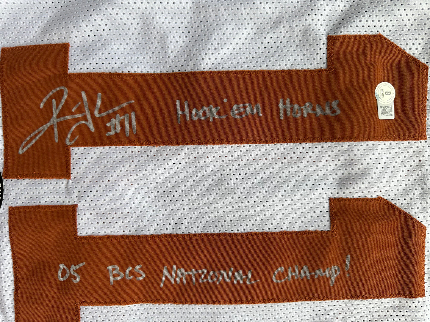 RAMONCE TAYLOR WHITE FOOTBALL JERSEY Longhorns w/ "05 BCS National Champ" BAS