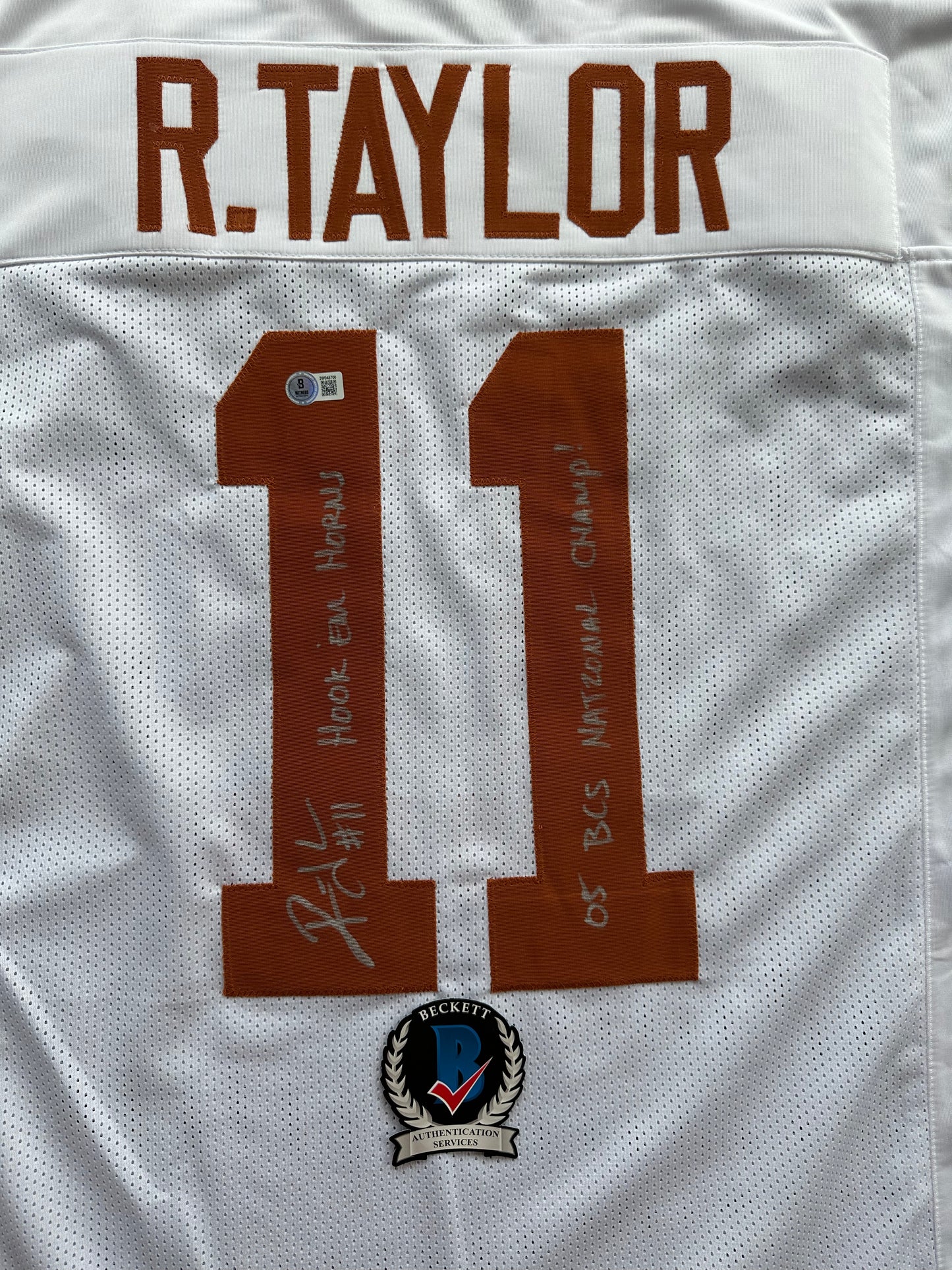RAMONCE TAYLOR WHITE FOOTBALL JERSEY Longhorns w/ "05 BCS National Champ" BAS