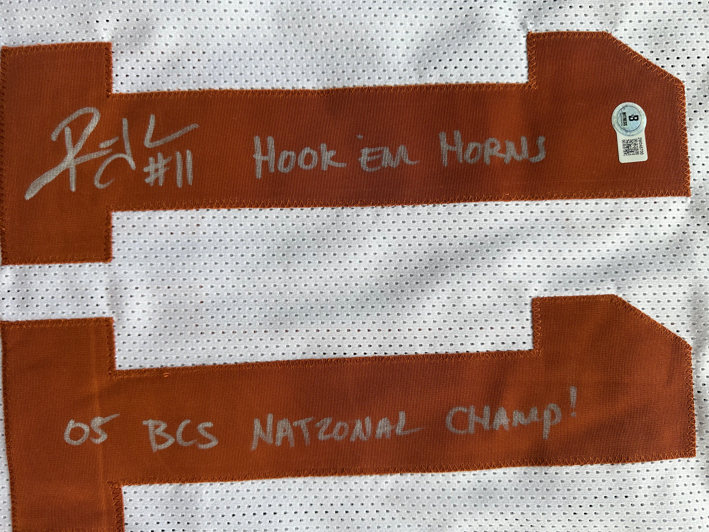 RAMONCE TAYLOR WHITE FOOTBALL JERSEY Longhorns w/ "05 BCS National Champ" BAS