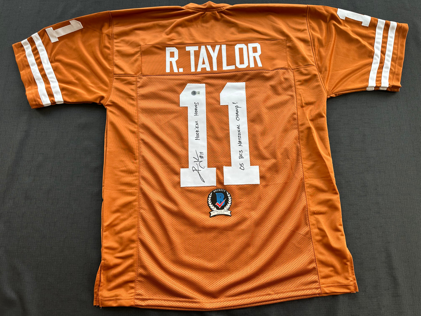 RAMONCE TAYLOR ORANGE FOOTBALL JERSEY Longhorns w/ "05 BCS National Champs" BAS