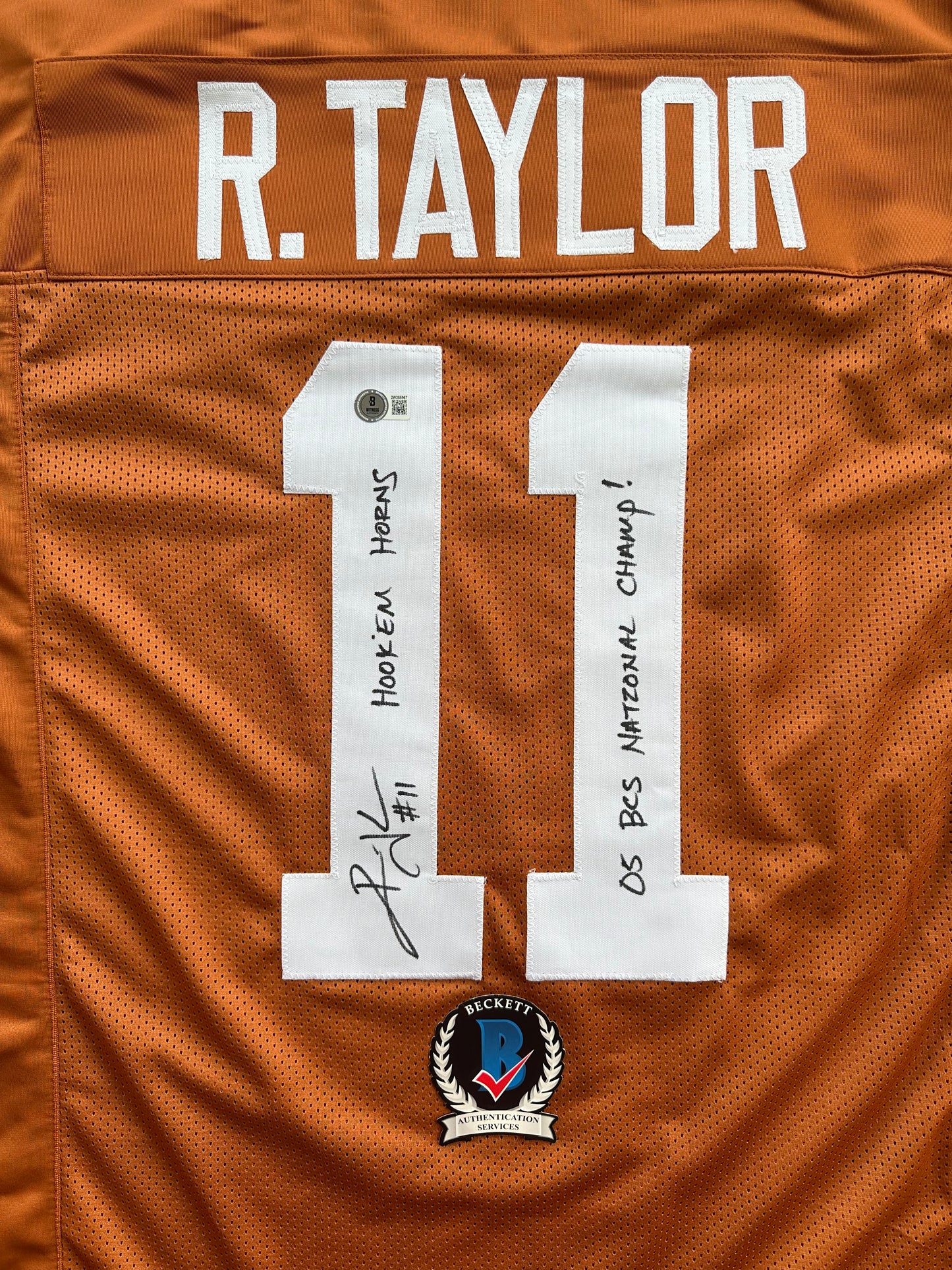 RAMONCE TAYLOR ORANGE FOOTBALL JERSEY Longhorns w/ "05 BCS National Champs" BAS