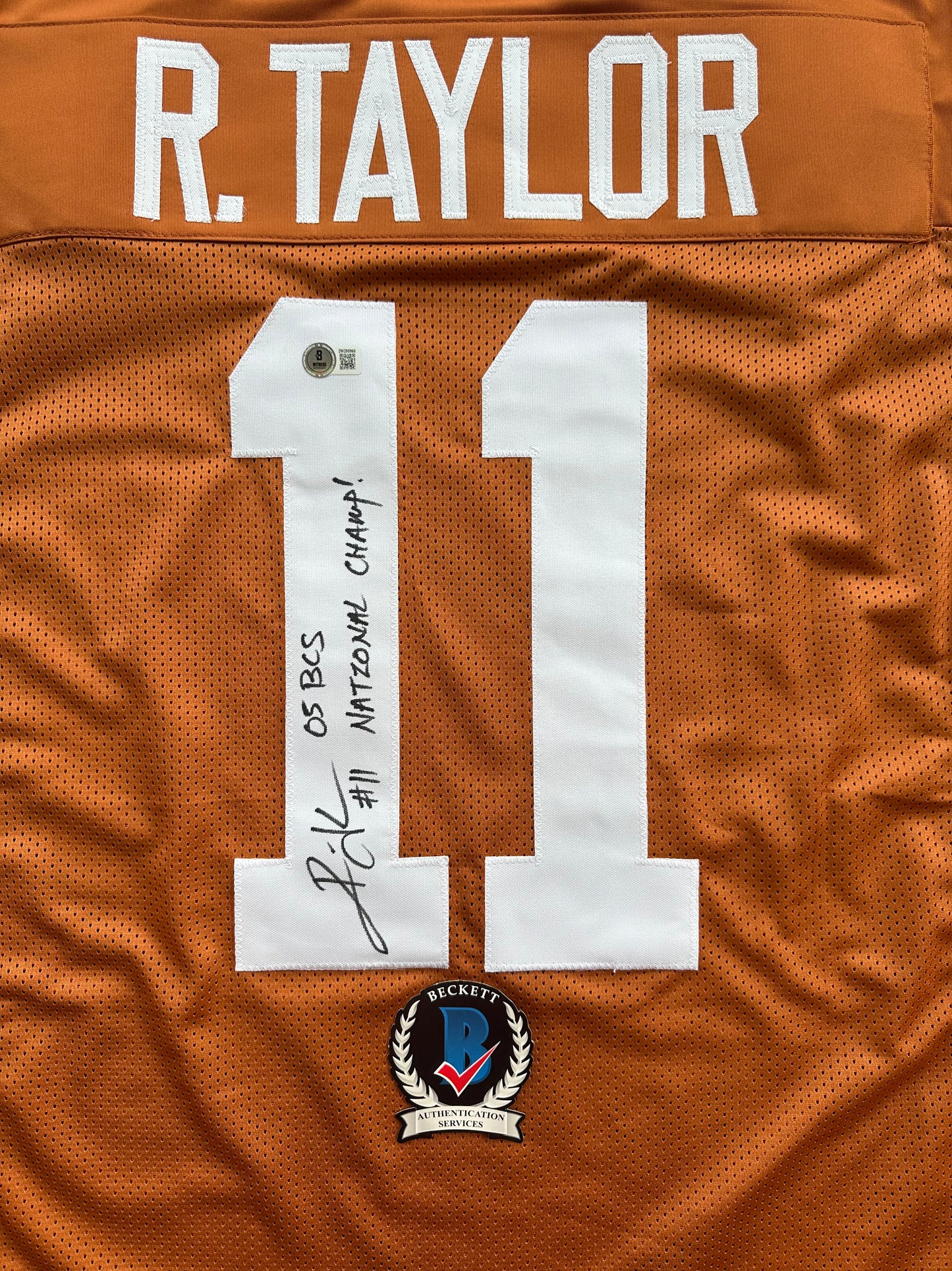 RAMONCE TAYLOR ORANGE FOOTBALL JERSEY Longhorns w/ "05 BCS National Champs" BAS