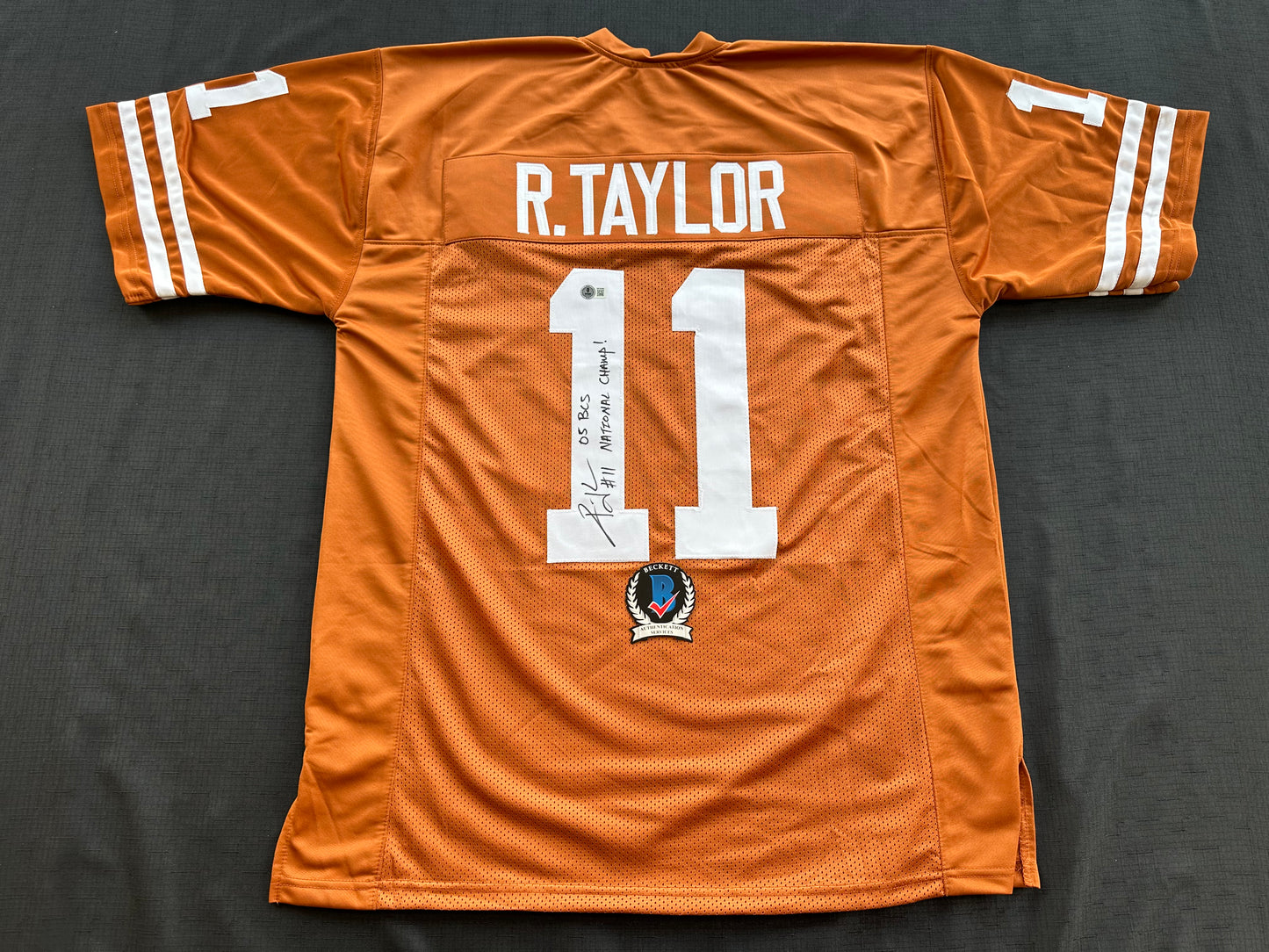 RAMONCE TAYLOR ORANGE FOOTBALL JERSEY Longhorns w/ "05 BCS National Champs" BAS