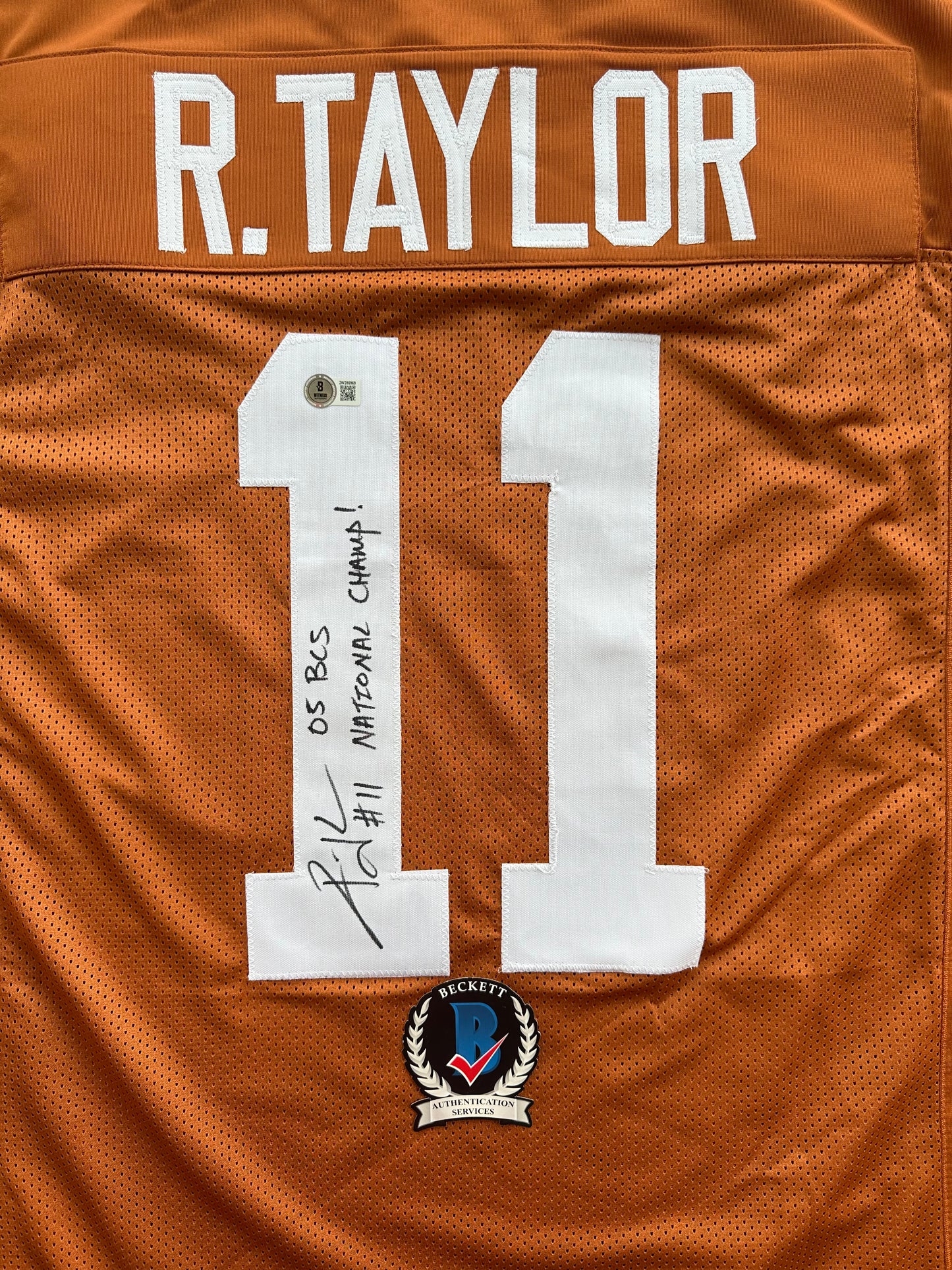 RAMONCE TAYLOR ORANGE FOOTBALL JERSEY Longhorns w/ "05 BCS National Champs" BAS