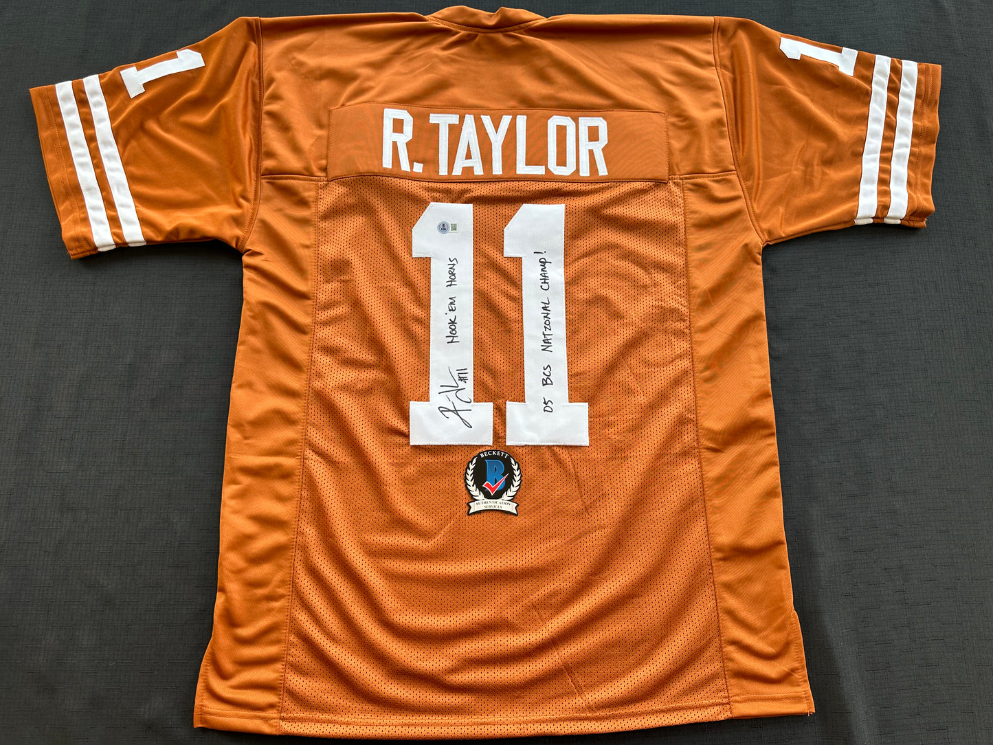 RAMONCE TAYLOR ORANGE FOOTBALL JERSEY Longhorns w/ "05 BCS National Champs" BAS