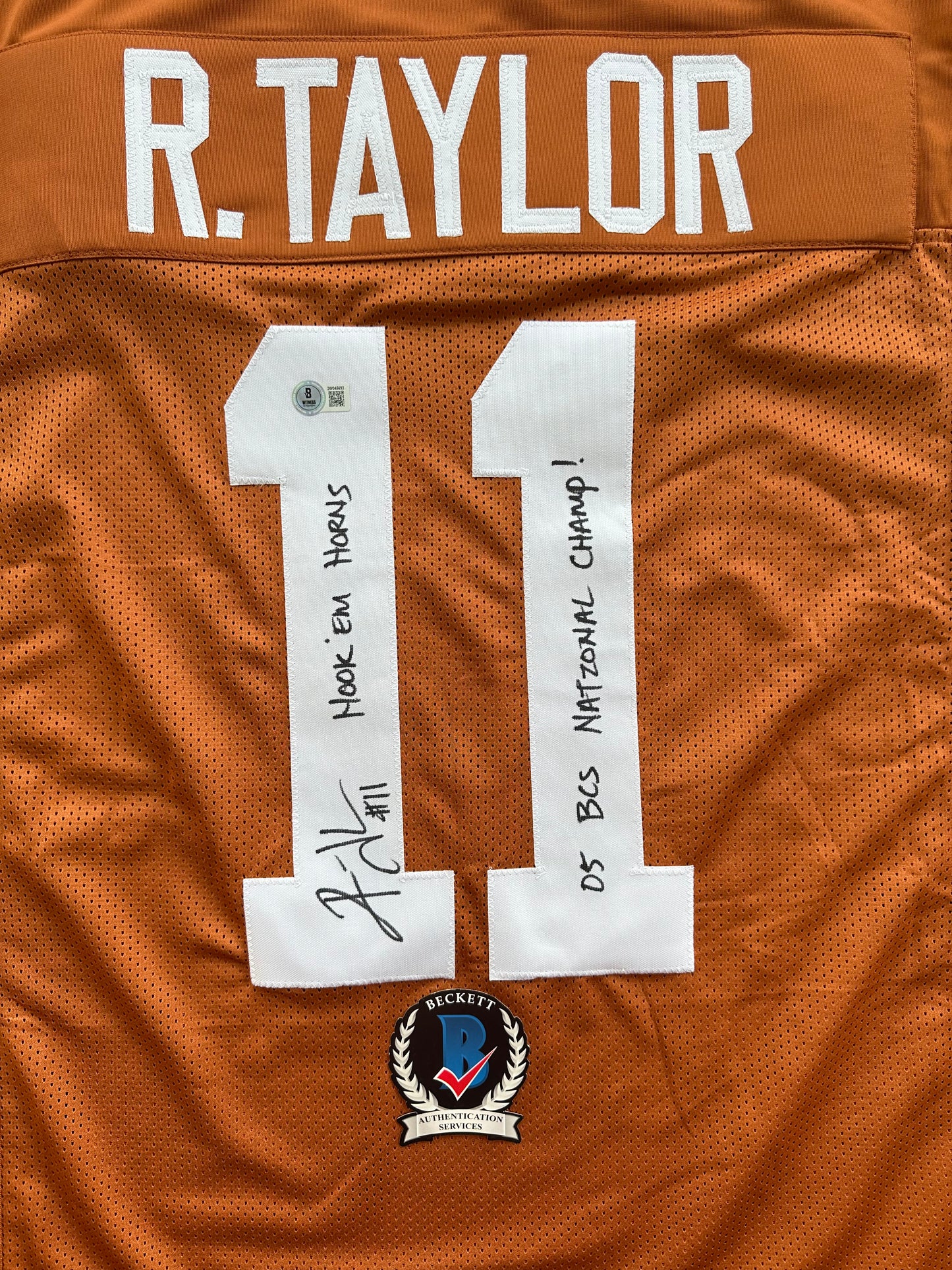 RAMONCE TAYLOR ORANGE FOOTBALL JERSEY Longhorns w/ "05 BCS National Champs" BAS