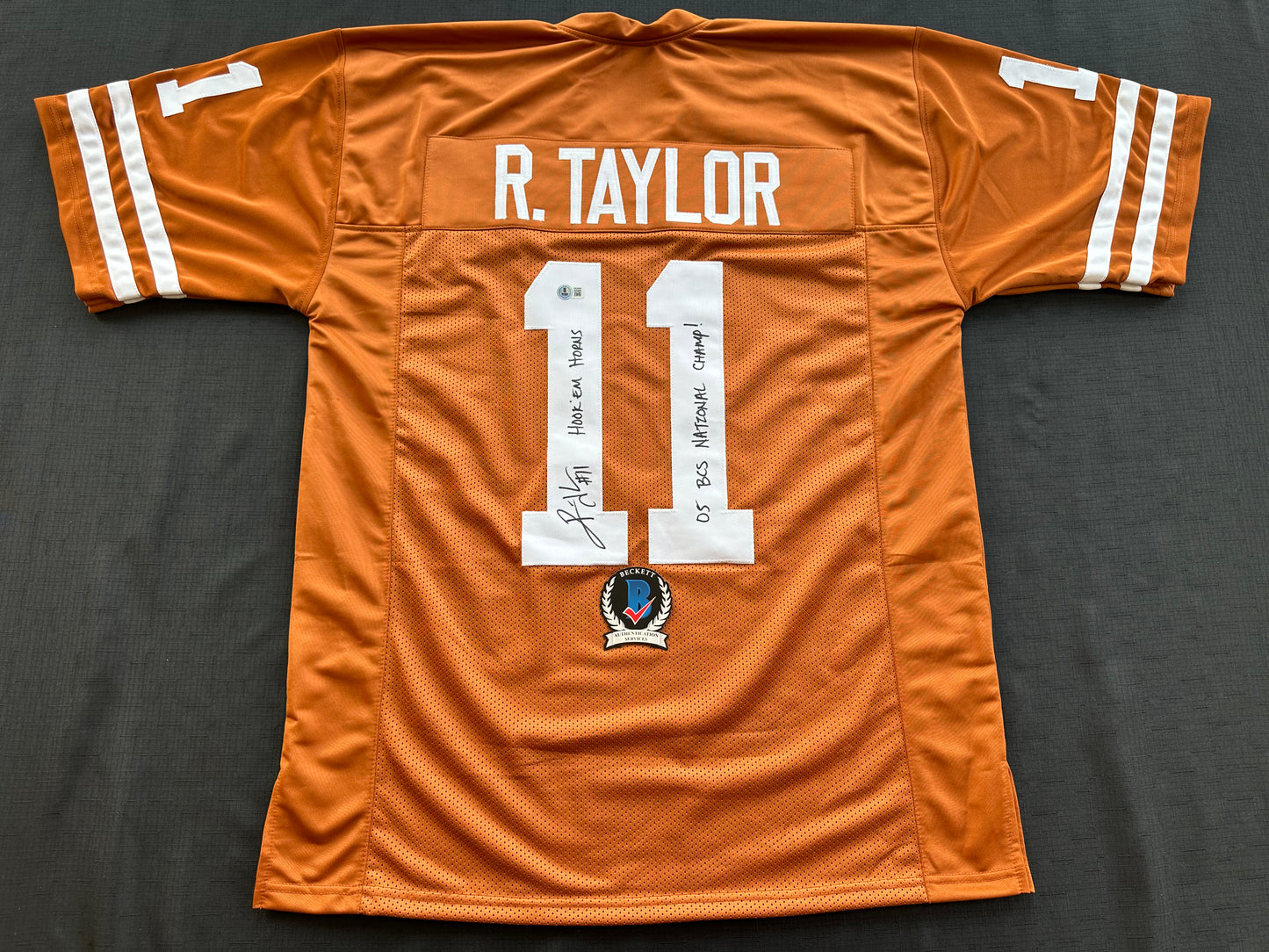 RAMONCE TAYLOR ORANGE FOOTBALL JERSEY Longhorns w/ "05 BCS National Champs" BAS
