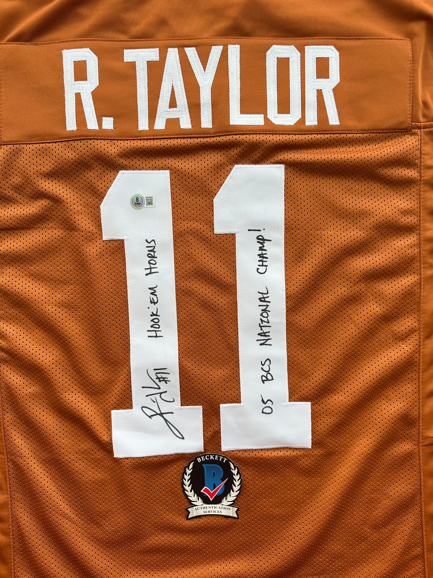 RAMONCE TAYLOR ORANGE FOOTBALL JERSEY Longhorns w/ "05 BCS National Champs" BAS