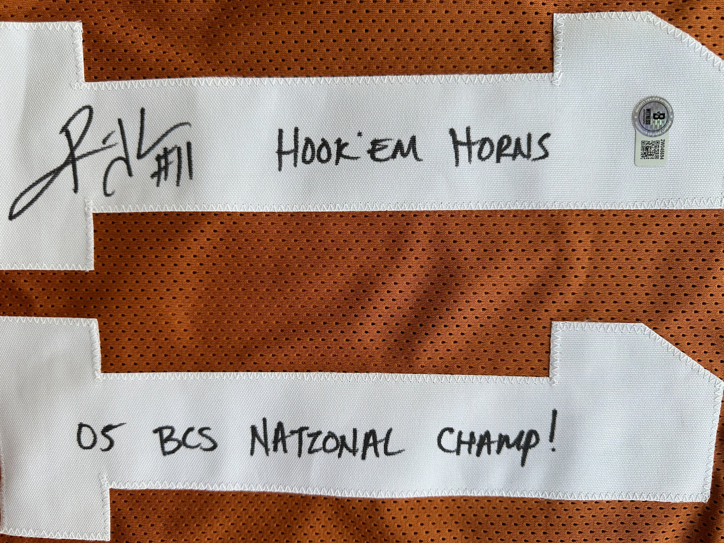 RAMONCE TAYLOR ORANGE FOOTBALL JERSEY Longhorns w/ "05 BCS National Champs" BAS