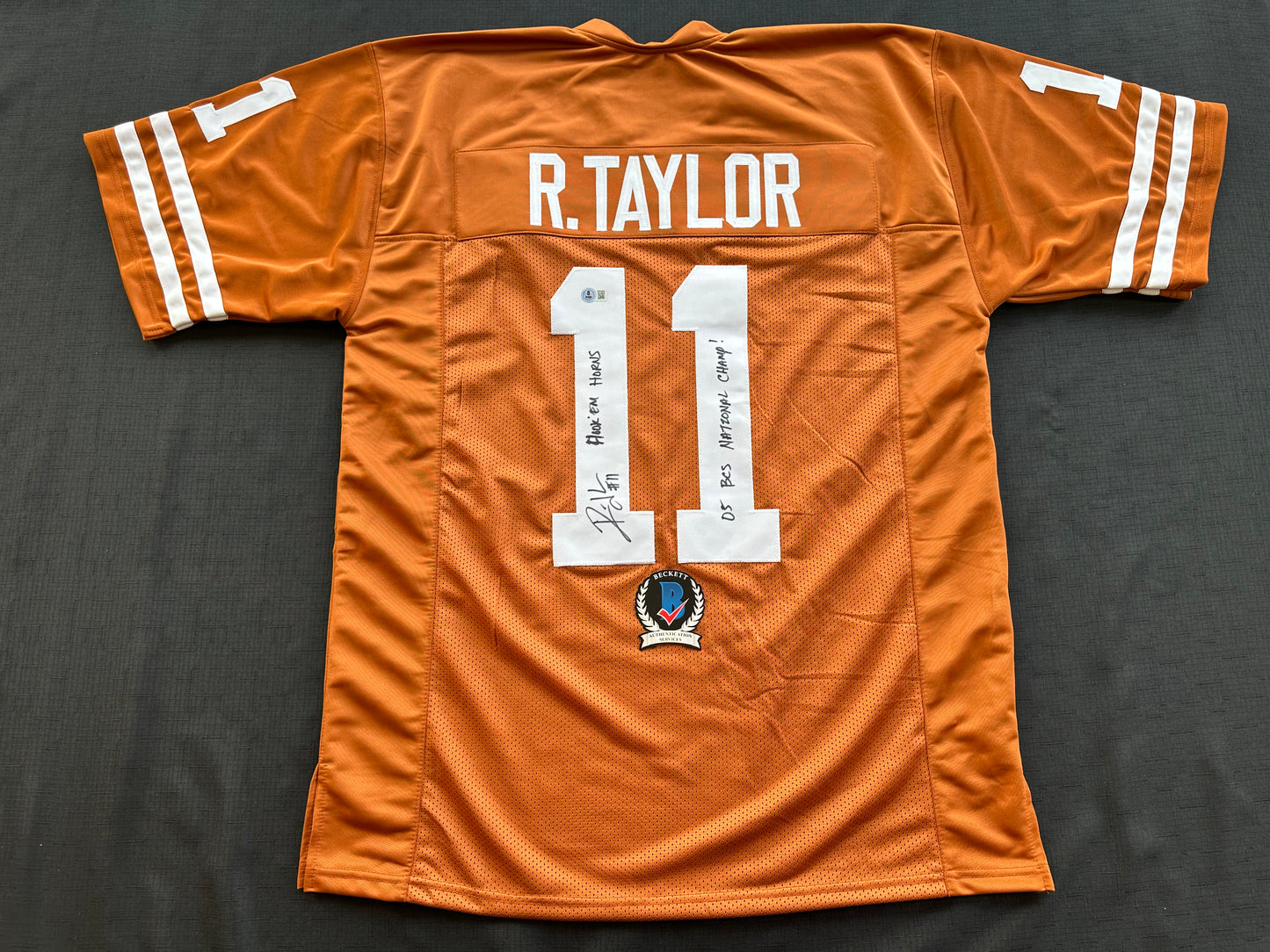 RAMONCE TAYLOR ORANGE FOOTBALL JERSEY Longhorns w/ "05 BCS National Champs" BAS