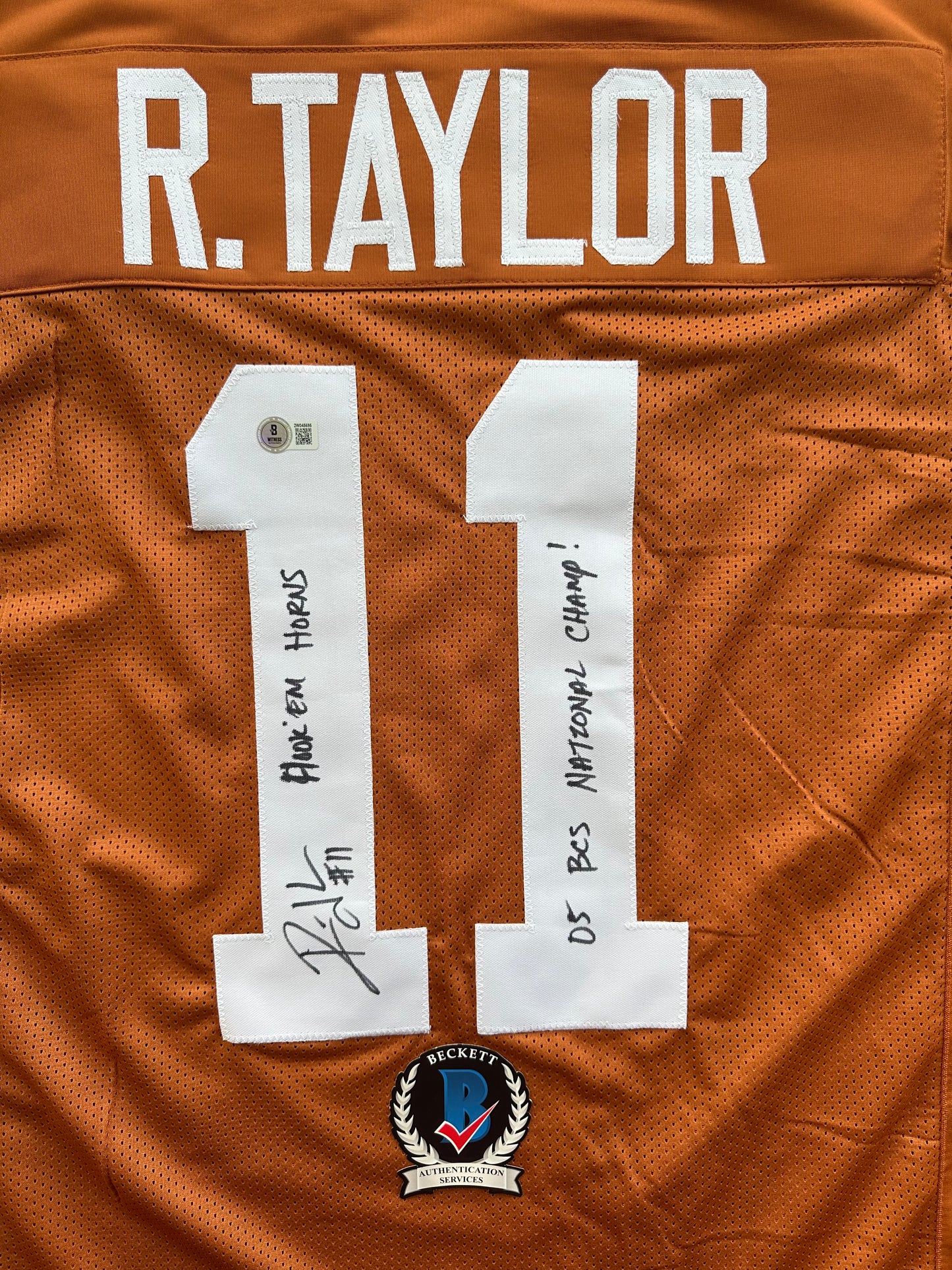 RAMONCE TAYLOR ORANGE FOOTBALL JERSEY Longhorns w/ "05 BCS National Champs" BAS