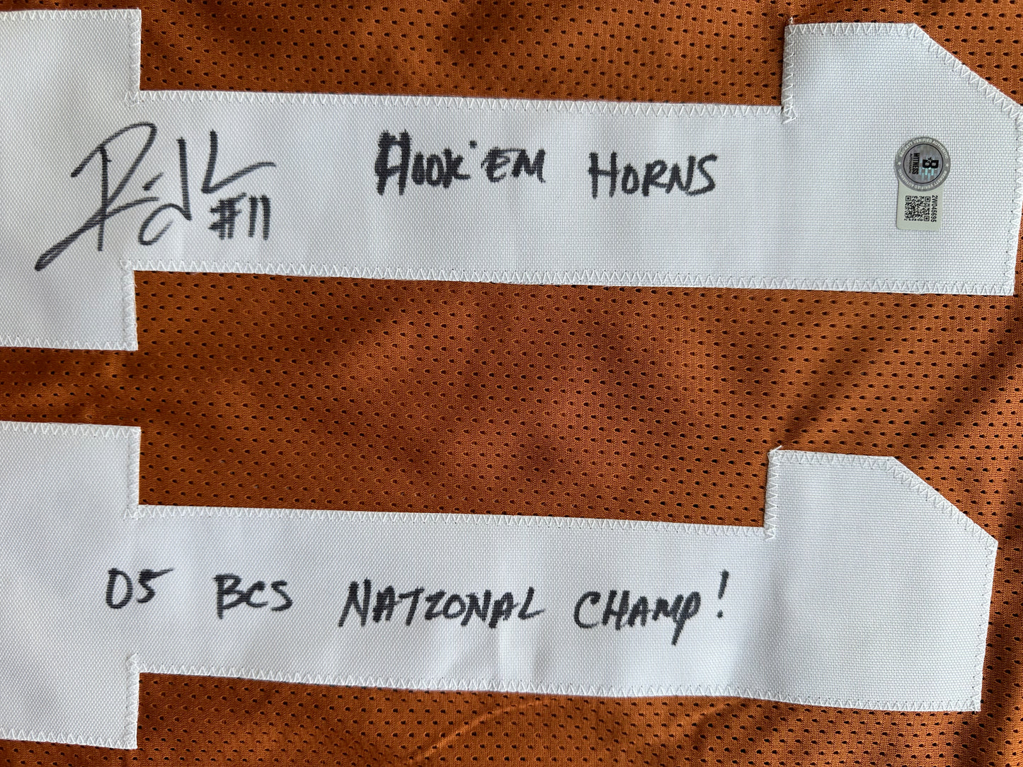 RAMONCE TAYLOR ORANGE FOOTBALL JERSEY Longhorns w/ "05 BCS National Champs" BAS