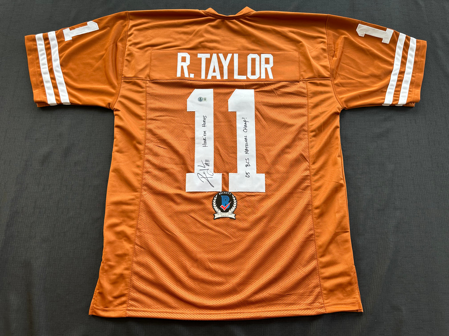 RAMONCE TAYLOR ORANGE FOOTBALL JERSEY Longhorns w/ "05 BCS National Champs" BAS