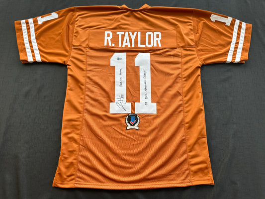 RAMONCE TAYLOR ORANGE FOOTBALL JERSEY Longhorns w/ "05 BCS National Champs" BAS