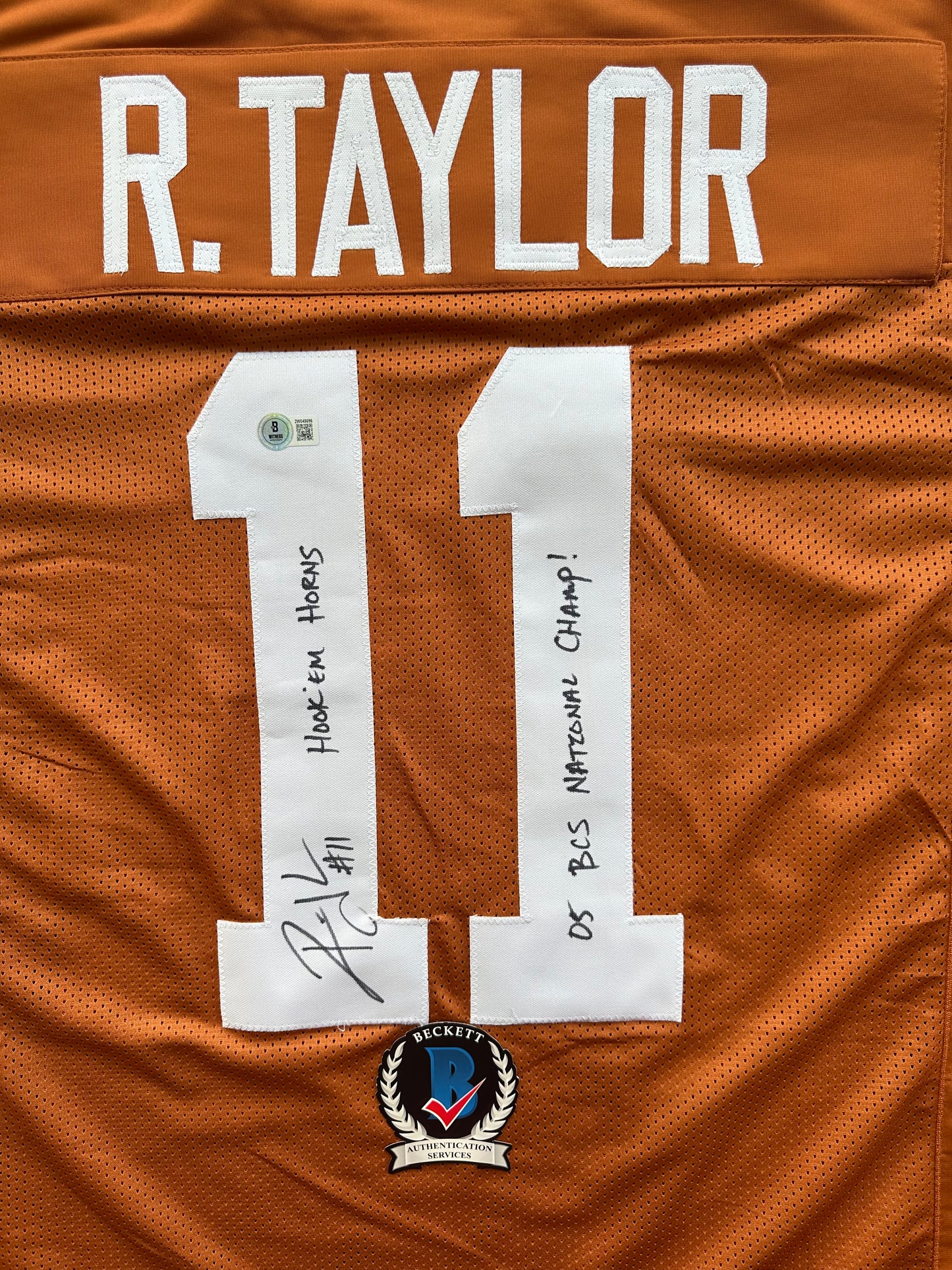 RAMONCE TAYLOR ORANGE FOOTBALL JERSEY Longhorns w/ "05 BCS National Champs" BAS