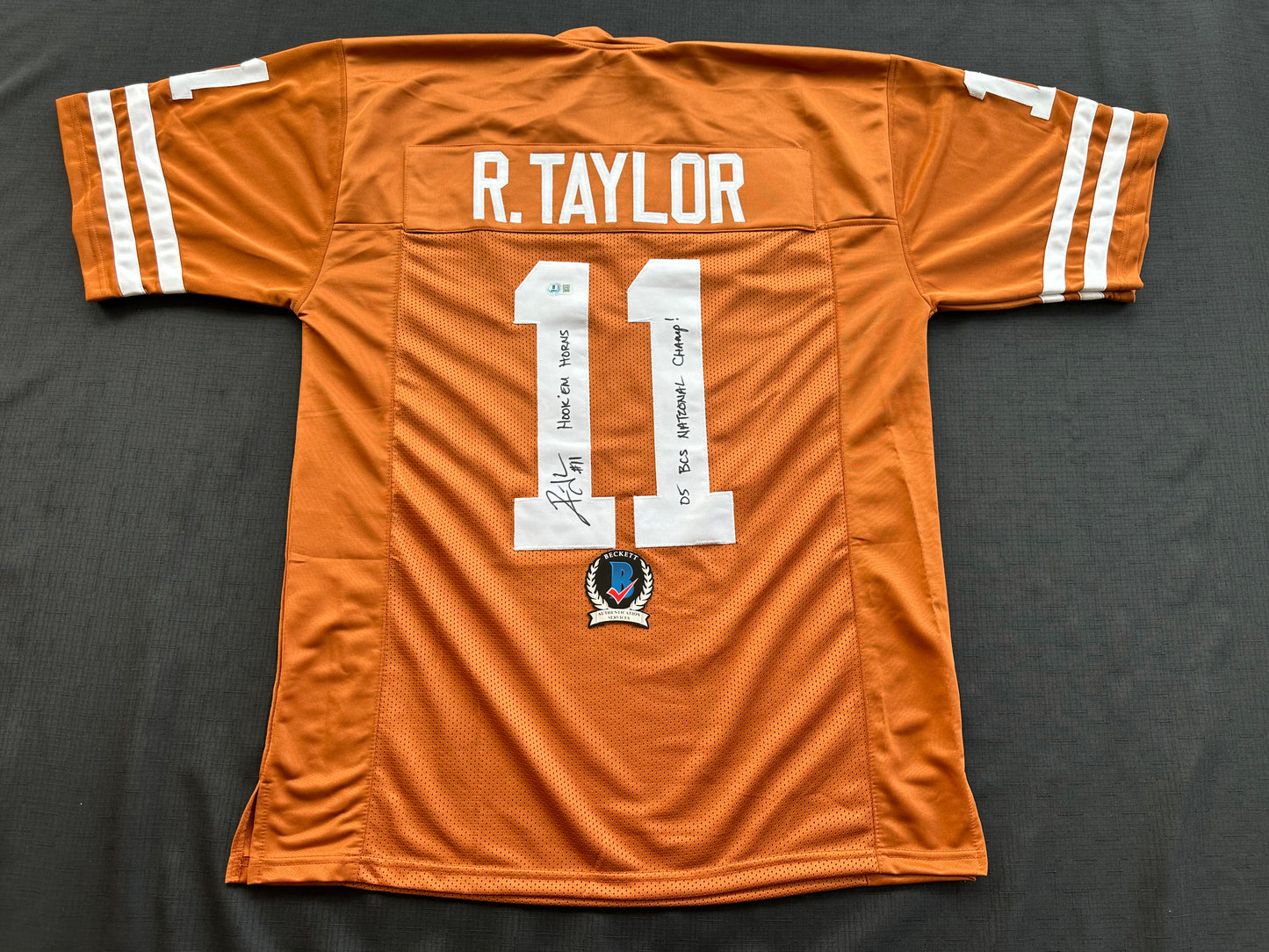 RAMONCE TAYLOR ORANGE FOOTBALL JERSEY Longhorns w/ "05 BCS National Champs" BAS