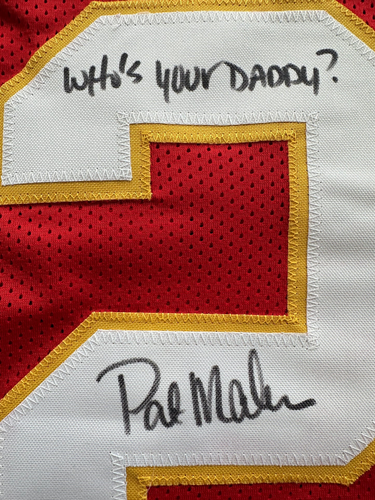 PAT PATRICK MAHOMES SR SIGNED JERSEY KC CHIEFS w/ Who'sYourDaddy BAS