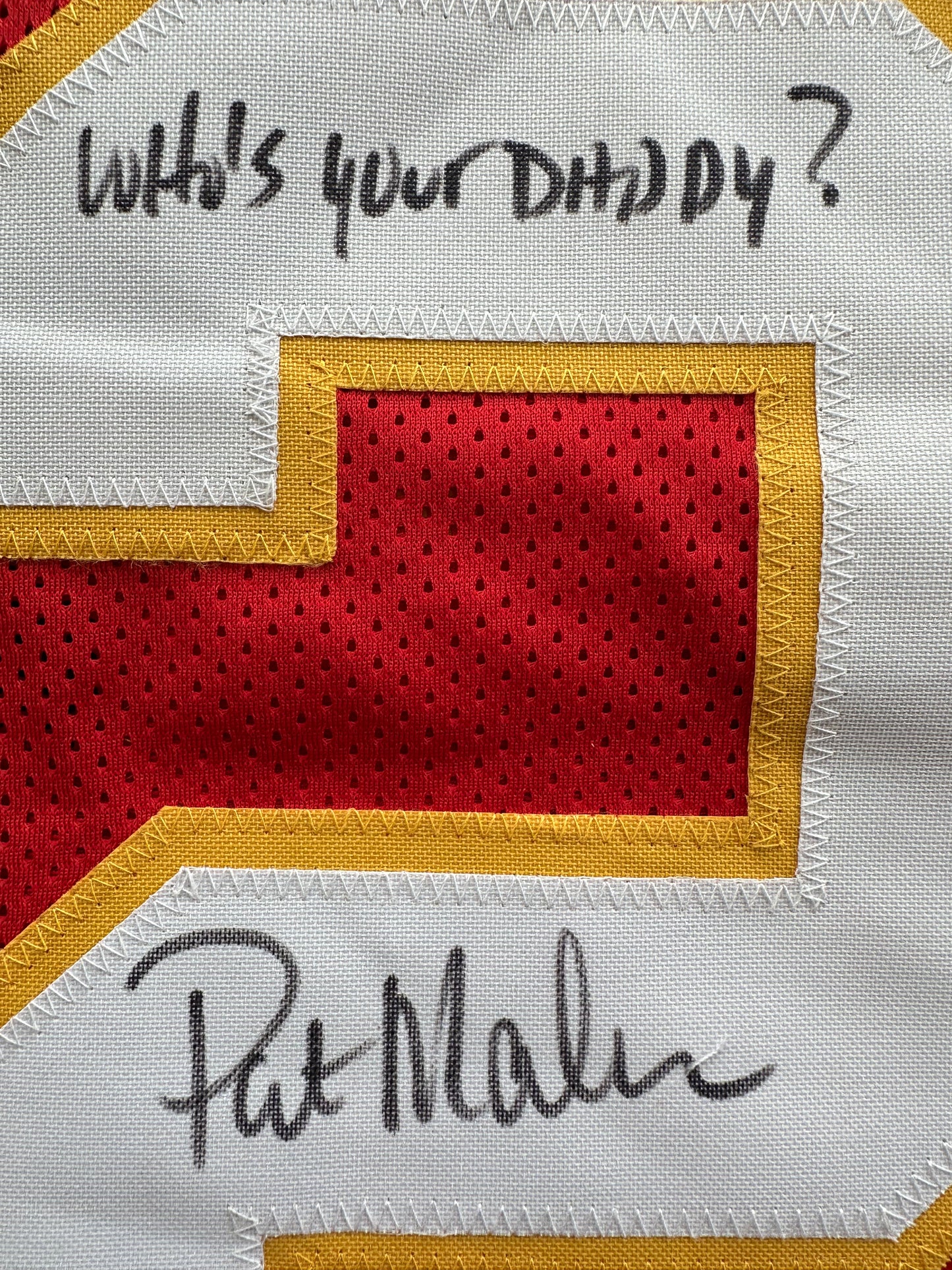 PAT PATRICK MAHOMES SR SIGNED JERSEY KC CHIEFS w/ Who'sYourDaddy BAS
