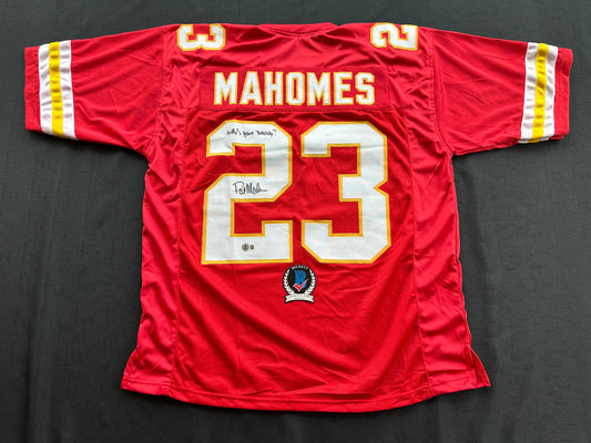 PAT PATRICK MAHOMES SR SIGNED JERSEY KC CHIEFS w/ Who'sYourDaddy BAS