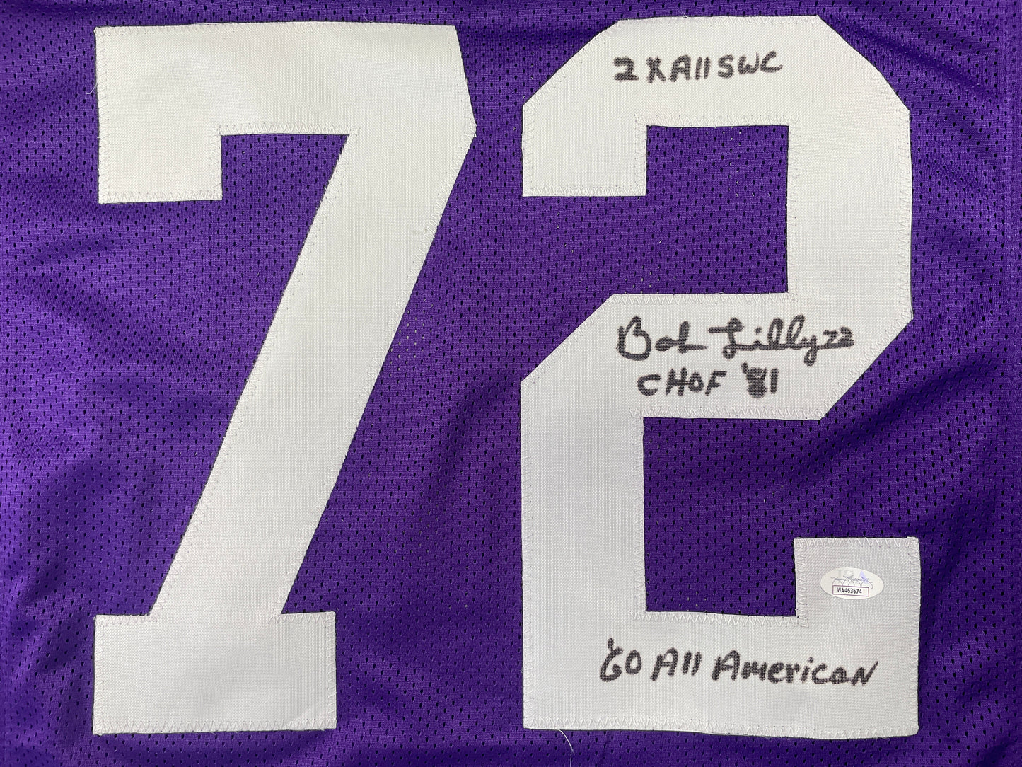 BOB LILLY TCU HORNED FROGS SIGNED JERSEY w/3INSC Dallas Cowboys JSA
