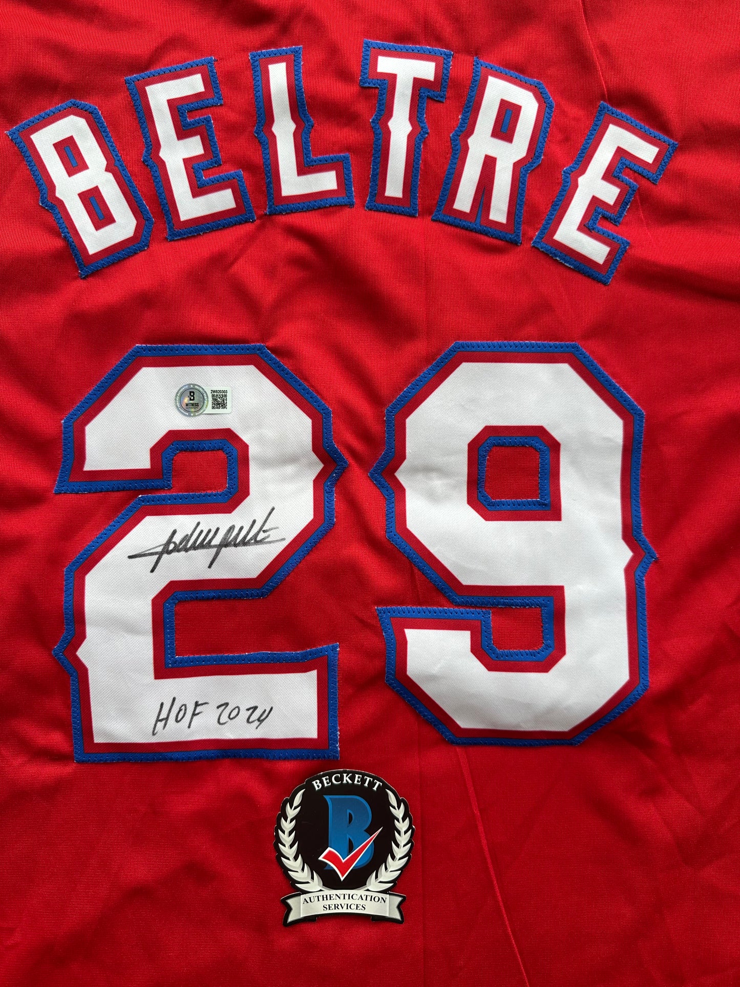 ADRIAN BELTRE SIGNED RED BASEBALL JERSEY Texas Rangers w/ "HOF 2024" BAS COA