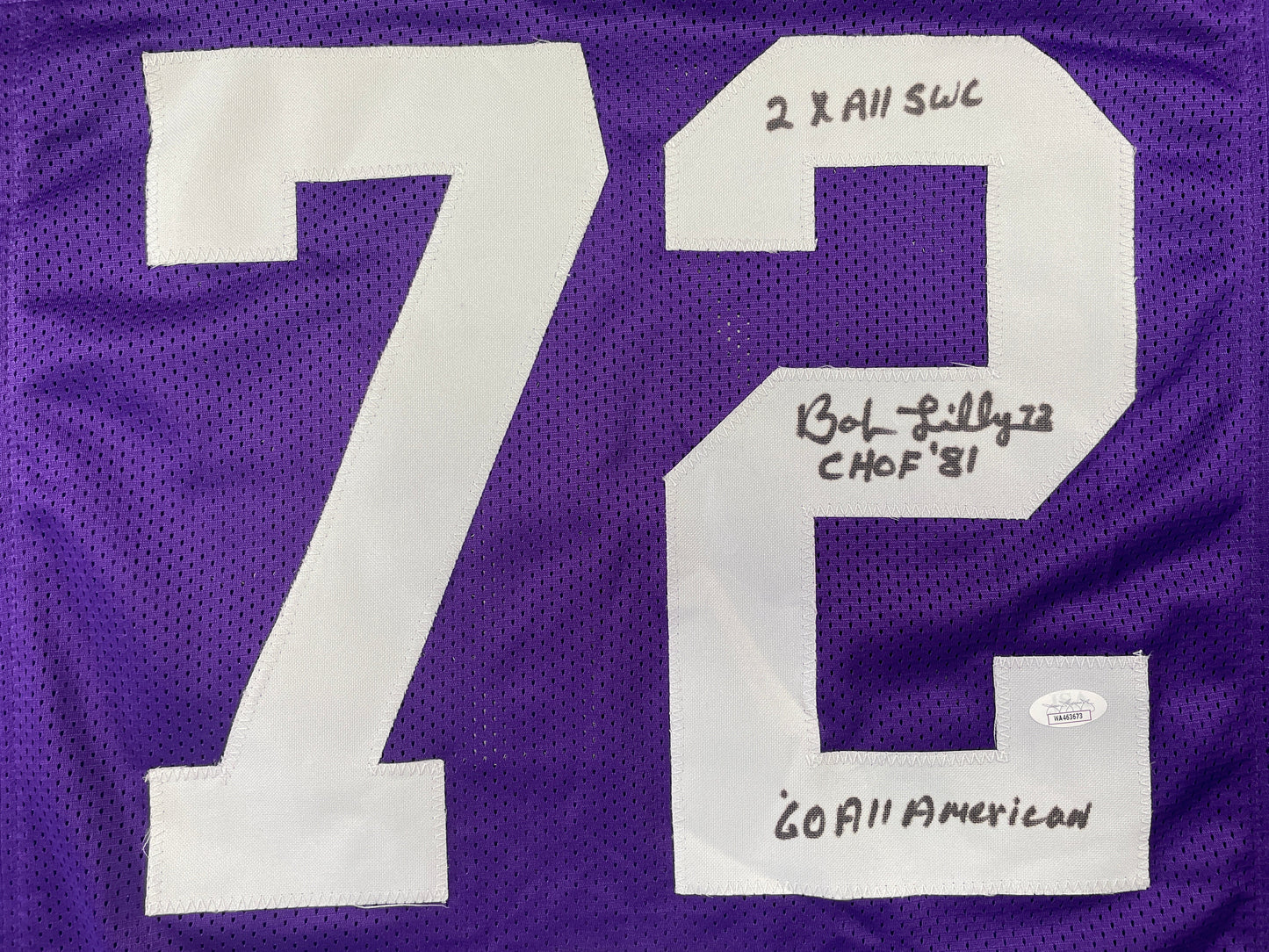 BOB LILLY TCU HORNED FROGS SIGNED JERSEY w/3INSC Dallas Cowboys JSA