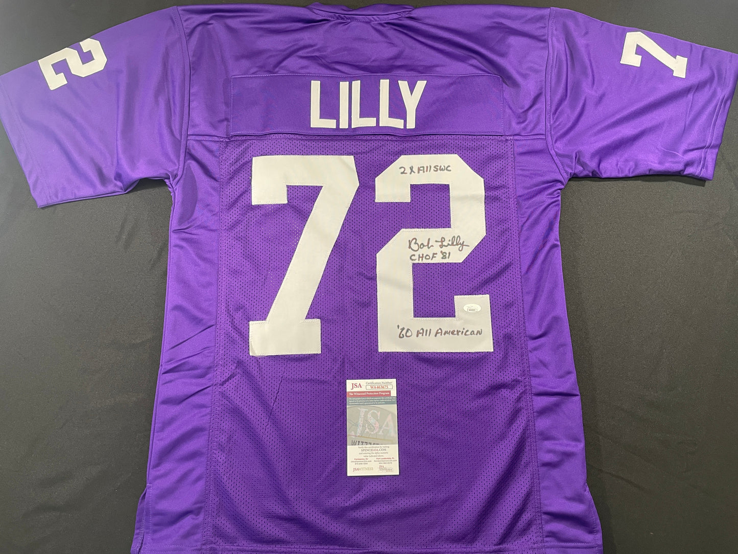 BOB LILLY TCU HORNED FROGS SIGNED JERSEY w/3INSC Dallas Cowboys JSA