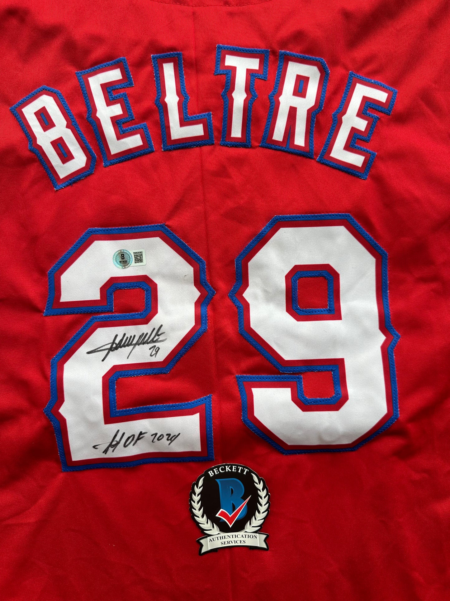 ADRIAN BELTRE SIGNED RED BASEBALL JERSEY Texas Rangers w/ "HOF 2024" BAS COA