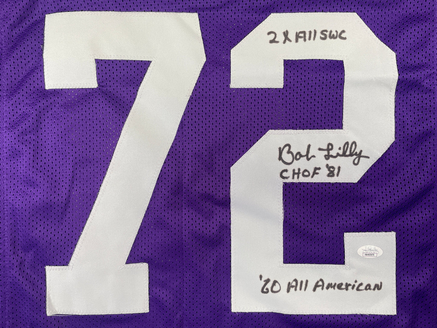BOB LILLY TCU HORNED FROGS SIGNED JERSEY w/3INSC Dallas Cowboys JSA