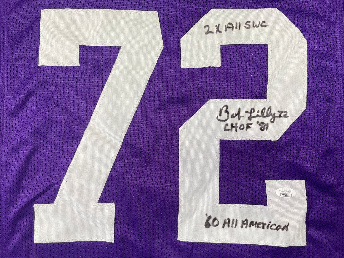 BOB LILLY TCU HORNED FROGS SIGNED JERSEY w/3INSC Dallas Cowboys JSA