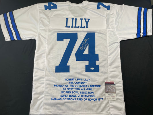 BOB LILLY DALLAS COWBOYS SIGNED STAT FOOTBALL JERSEY w/HOF JSA