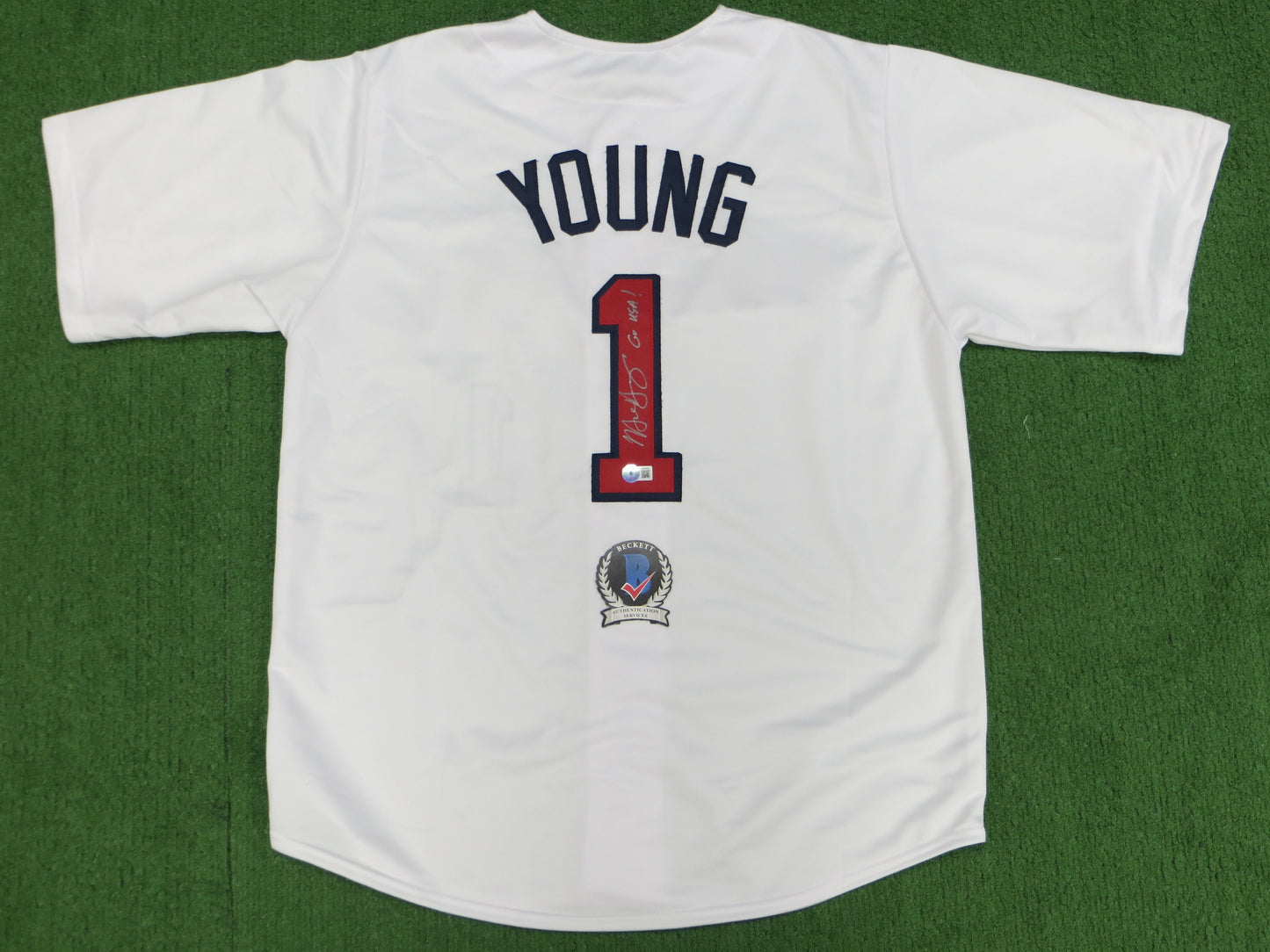 MICHAEL YOUNG TEXAS RANGERS USA BASEBALL SIGNED JERSEY w/INSC BAS