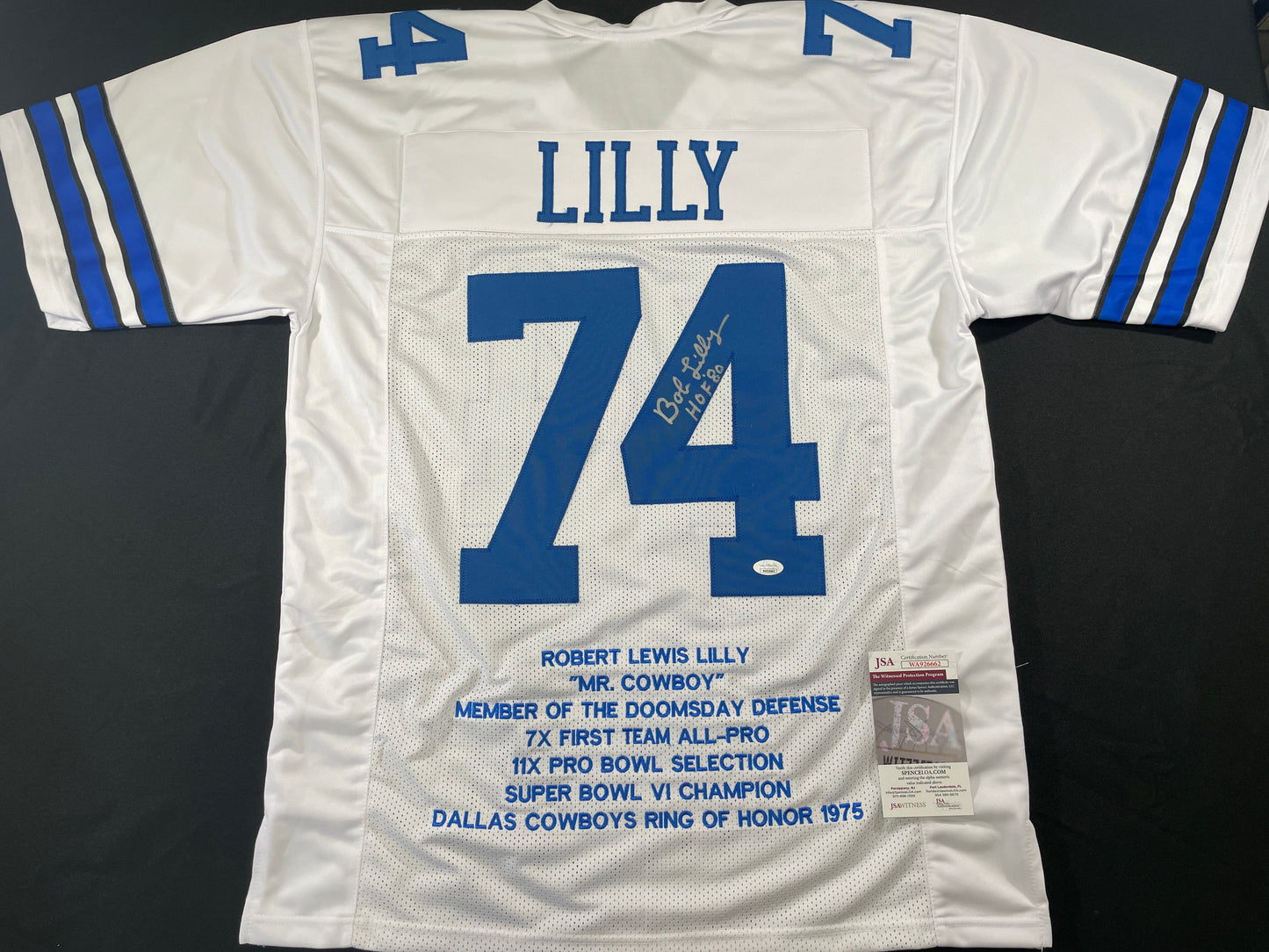 BOB LILLY DALLAS COWBOYS SIGNED STAT FOOTBALL JERSEY w/HOF JSA