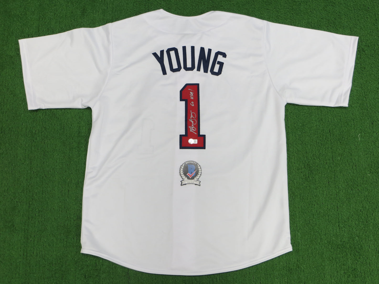 MICHAEL YOUNG TEXAS RANGERS USA BASEBALL SIGNED JERSEY w/INSC BAS