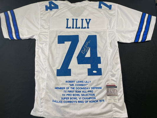 BOB LILLY DALLAS COWBOYS SIGNED STAT FOOTBALL JERSEY w/HOF JSA