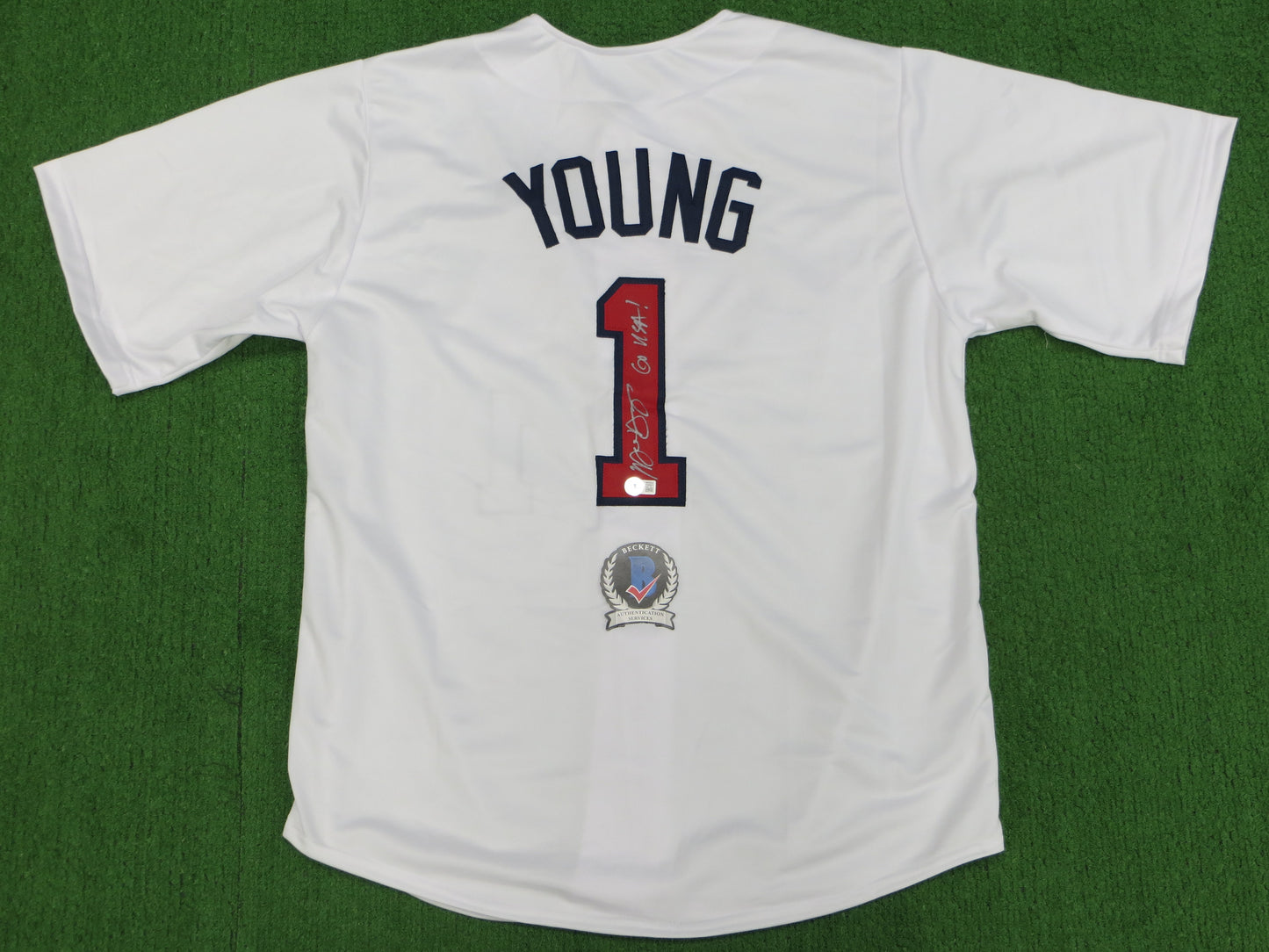 MICHAEL YOUNG TEXAS RANGERS USA BASEBALL SIGNED JERSEY w/INSC BAS
